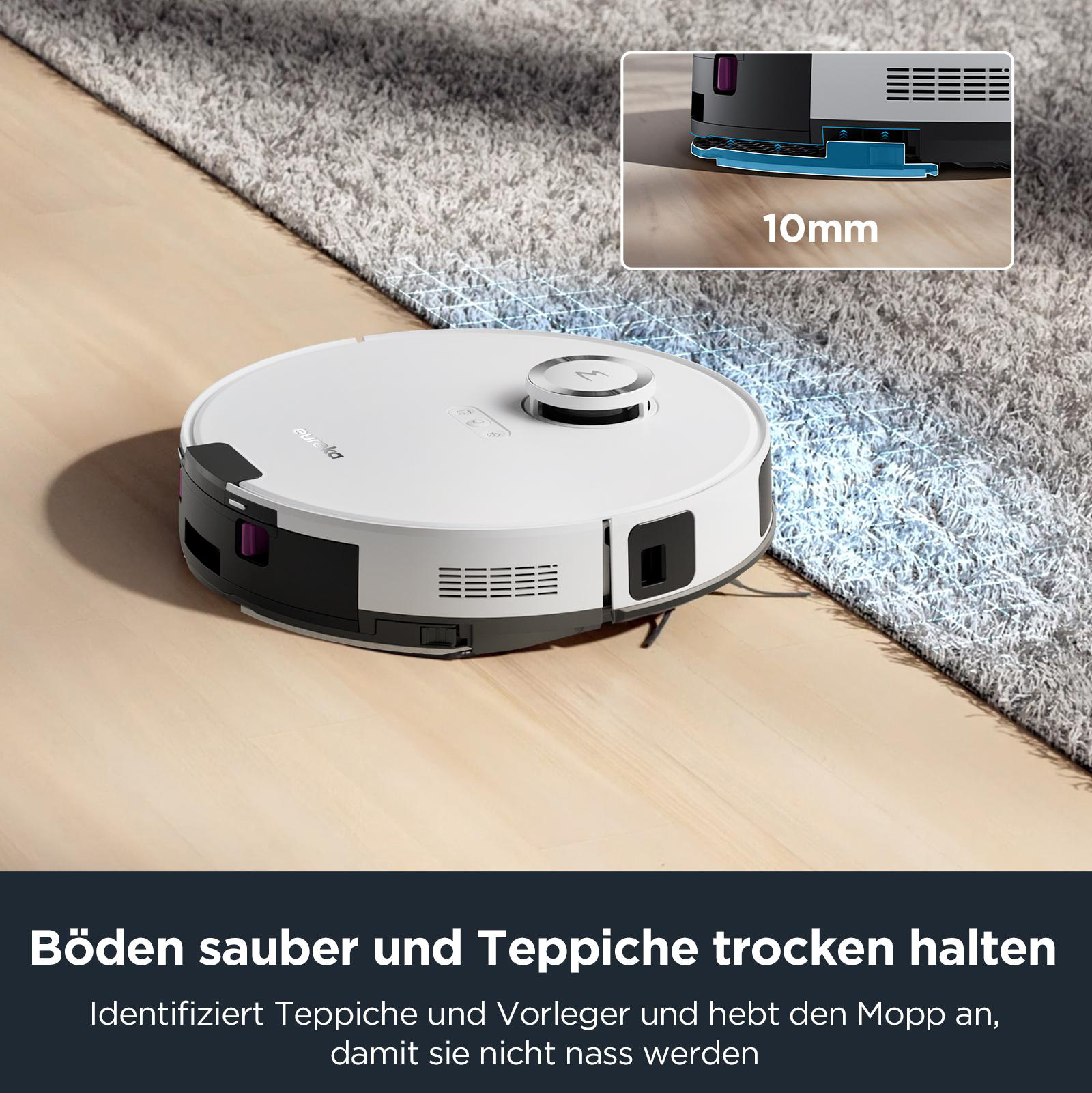 Weißer Roboter-Staubsauger auf Holzboden, mit Text über die Sauberhaltung.