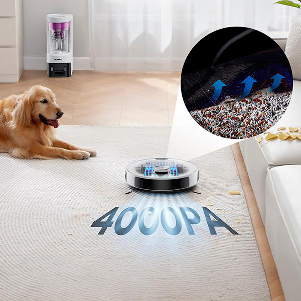 Ein Roboter-Staubsauger auf einem Teppich. Die Illustration zeigt die Reinigung, ein Hund im Hintergrund.