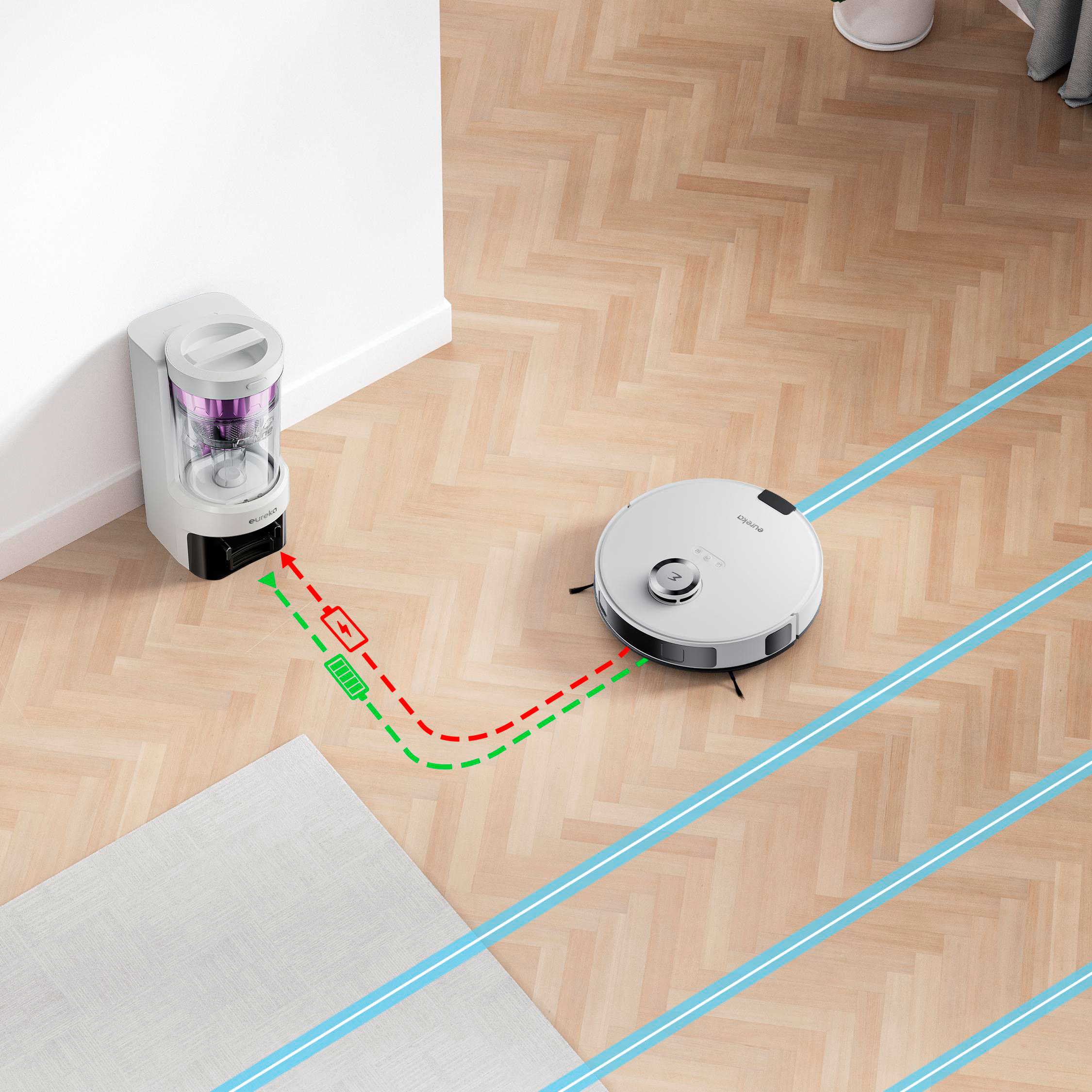 Roboter-Staubsauger und Ladestation auf Holzboden. Grüne und rote Linien.