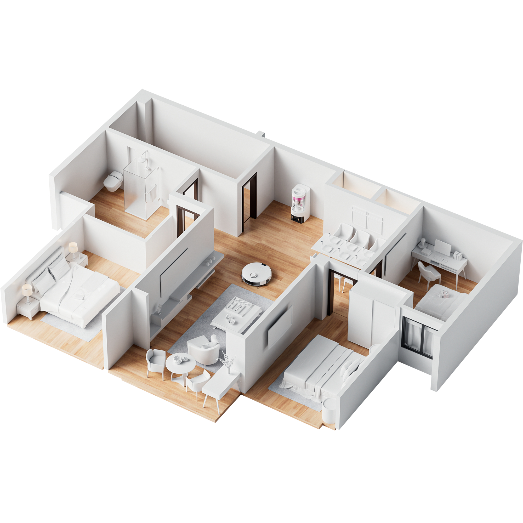 3D-Grundriss eines Hauses mit mehreren Räumen. Weiße Wände, Holzböden und Möbel.