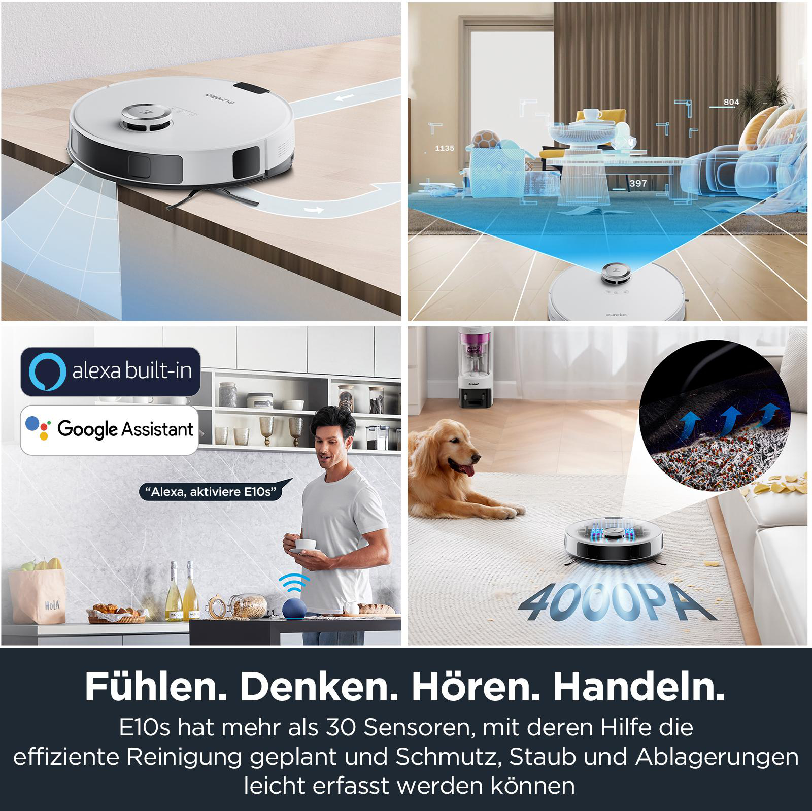 Roboter-Staubsauger in Aktion mit mehreren Szenen.