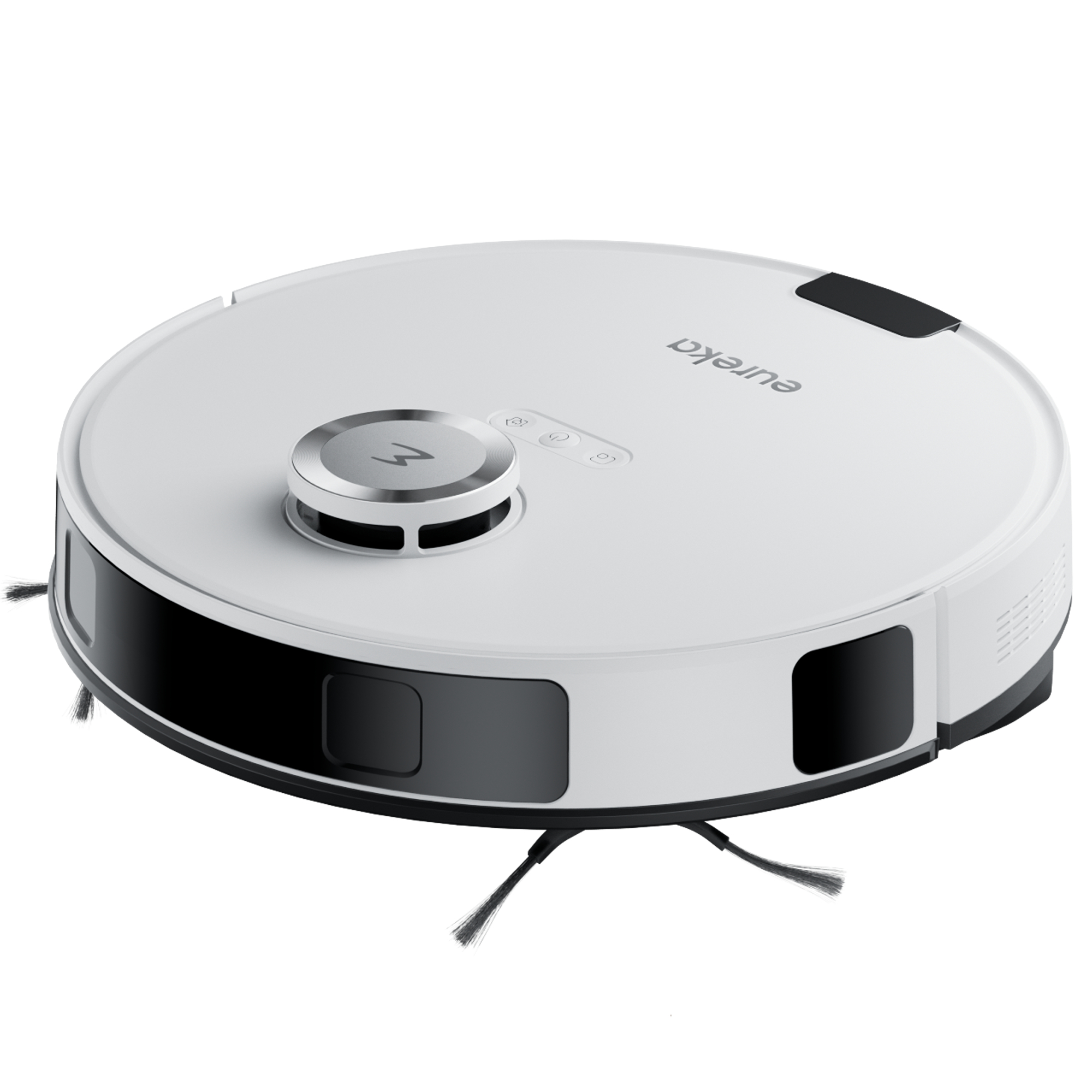 Weißer Eureka-Roboter-Staubsauger. Er ist rund mit schwarzen Akzenten.