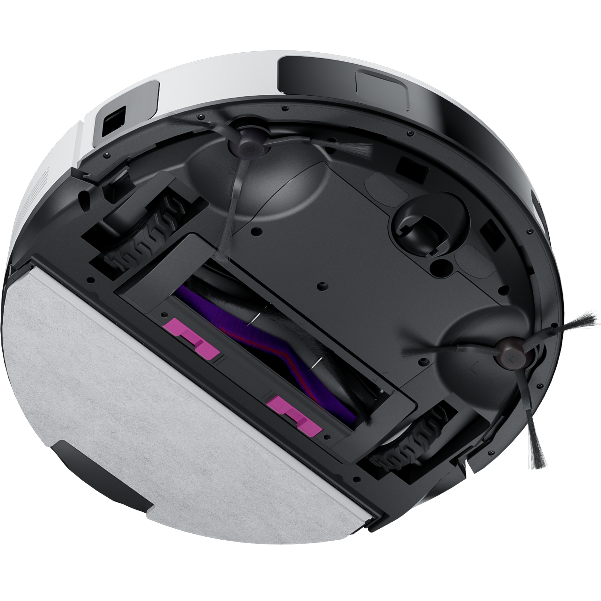 Roboter-Staubsauger. Draufsicht, mit Bürsten, Filtern und Pads sichtbar.