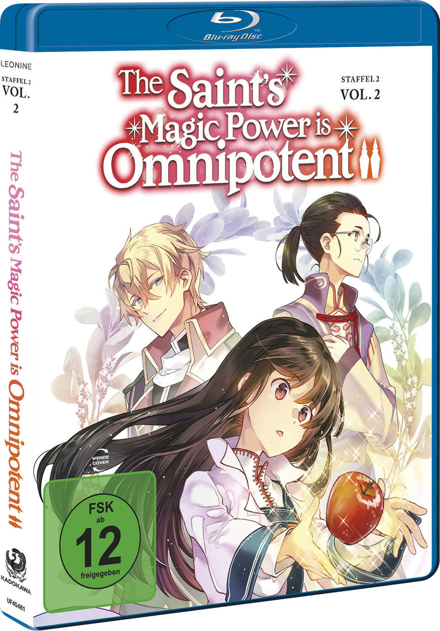 Blu-ray-Disc einer japanischen Animation, 'The Saint's Magic Power is Omnipotent', mit 3 Anime-Charakteren.