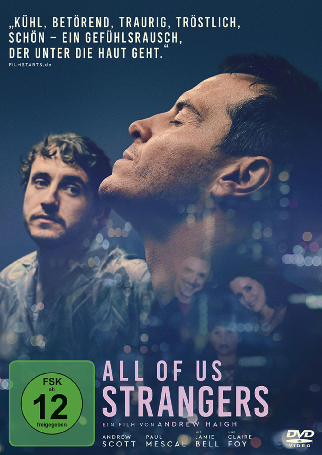 Filmposter für 'All of Us Strangers' mit zwei Männern und verschwommenem Hintergrund.