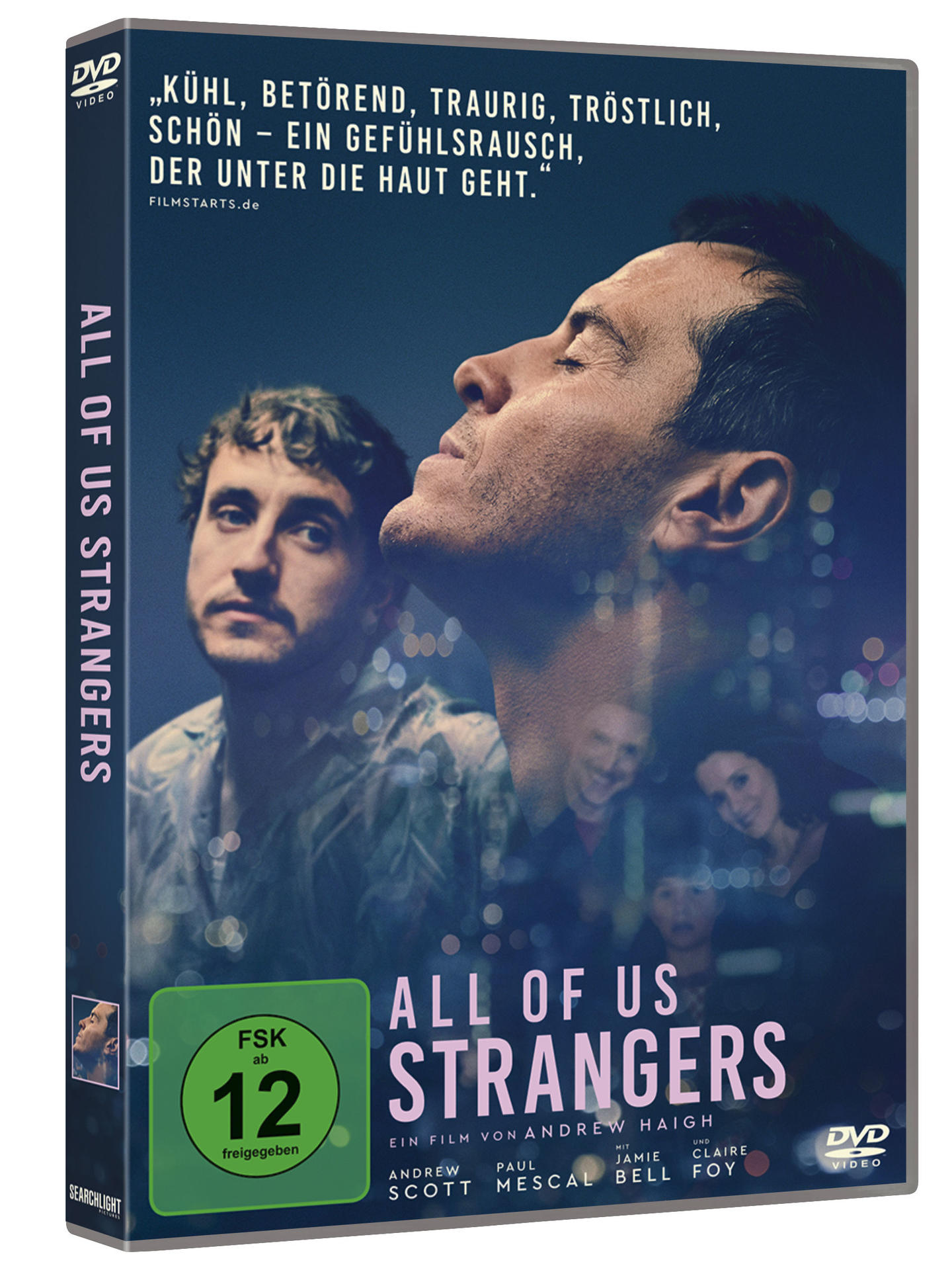 DVD-Cover von 'All of Us Strangers' mit zwei Männergesichtern. Titel und Schauspieler sind sichtbar.