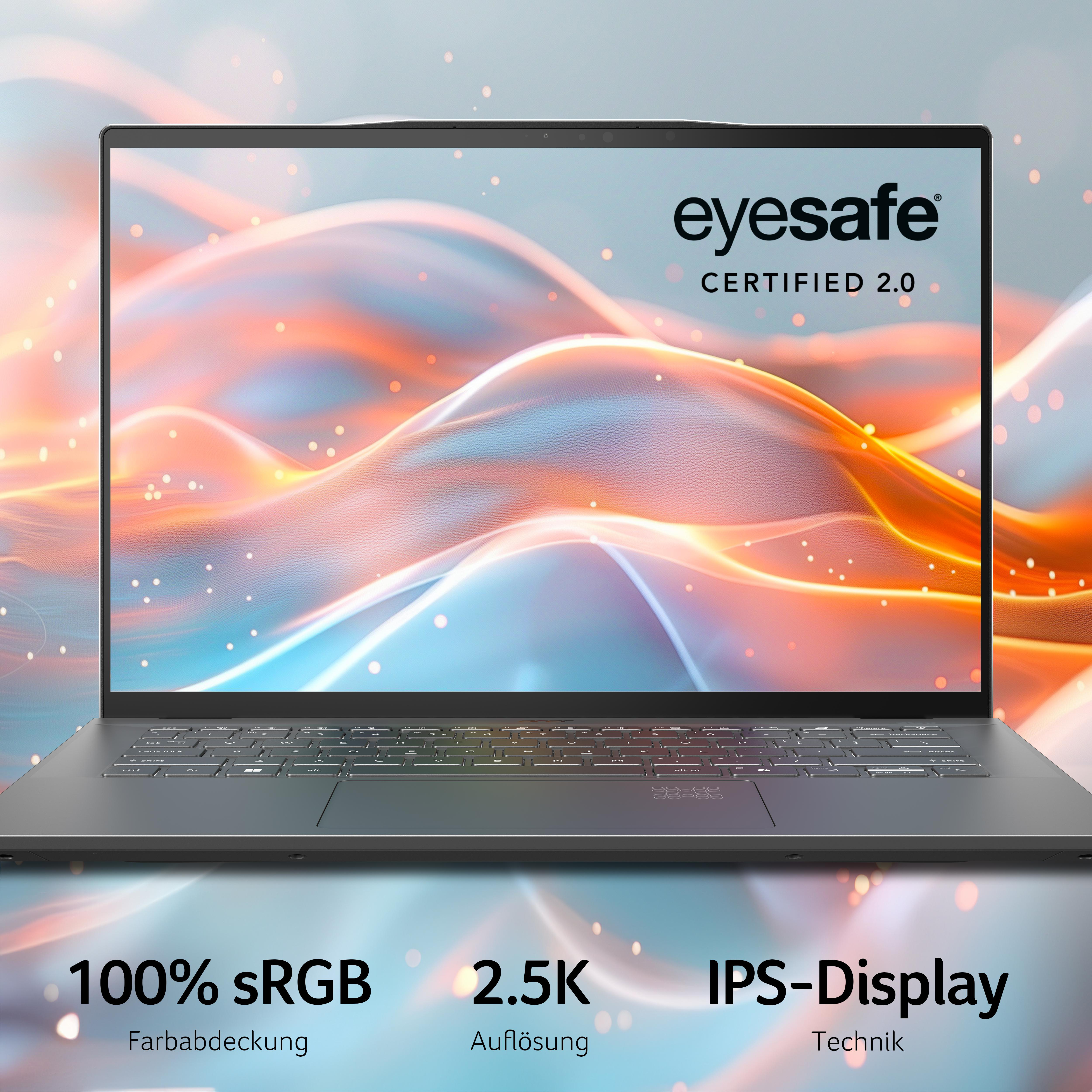 Laptop mit 'eyesafe CERTIFIED 2.0' auf dem Bildschirm, 100 % sRGB, 2,5K Auflösung, und IPS-Display.