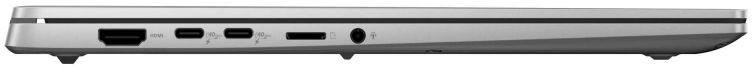 Unteransicht eines silbernen Laptops mit verschiedenen Anschlüssen: HDMI, USB, Audio.
