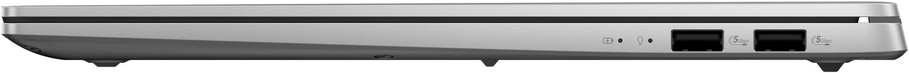 Seitenansicht eines silbernen Laptops. Zeigt Anschlüsse, einschließlich USB und Audio, auf schwarzem Hintergrund.
