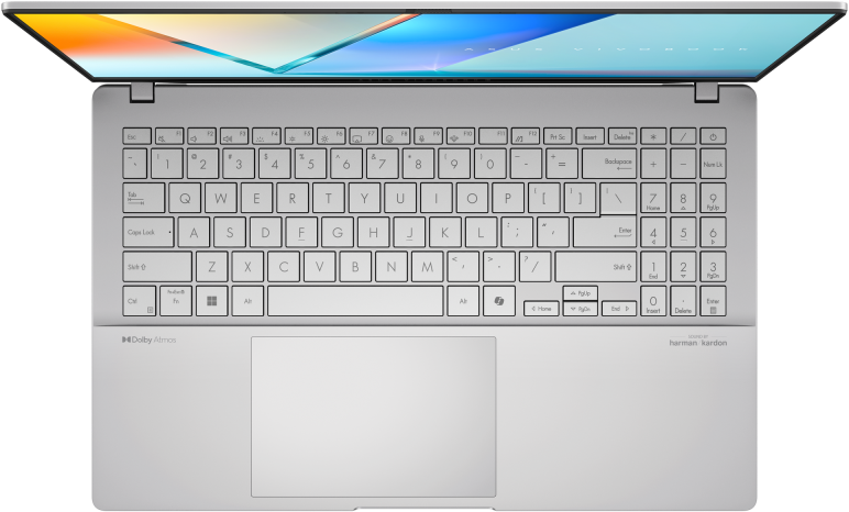 Draufsicht auf einen silbernen Laptop mit Tastatur und Bildschirm.
