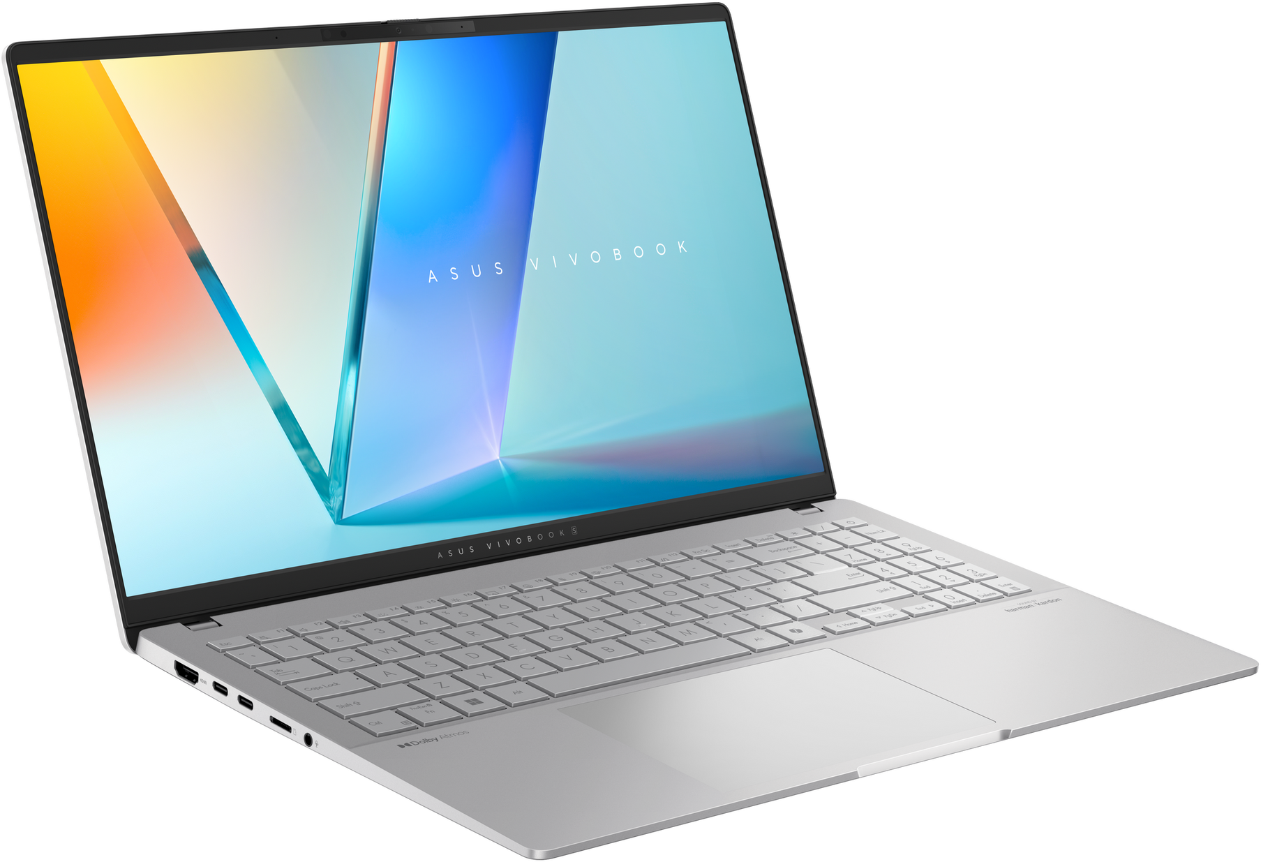 Silberner Laptop auf weißem Hintergrund geöffnet, mit farbenfrohem Bildschirm.