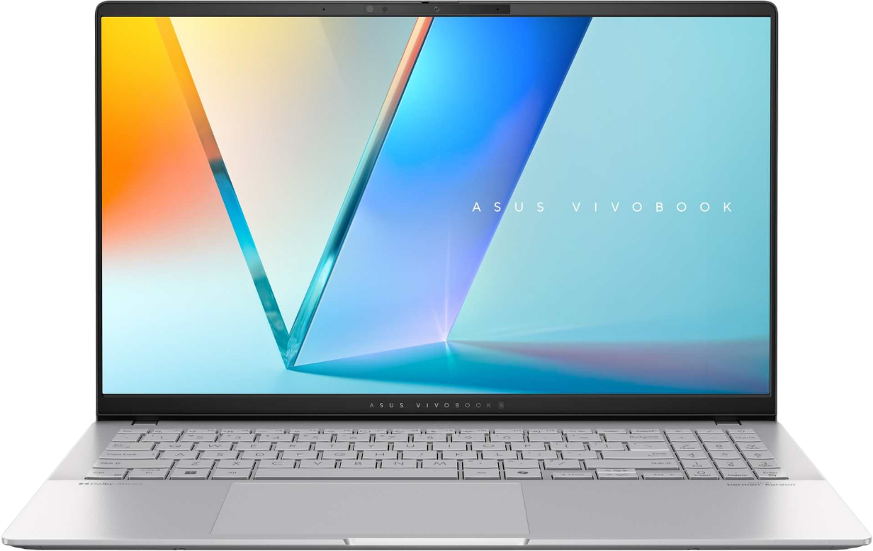 Silberner Laptop mit breitem Bildschirm, der eine farbenfrohe Anzeige zeigt.