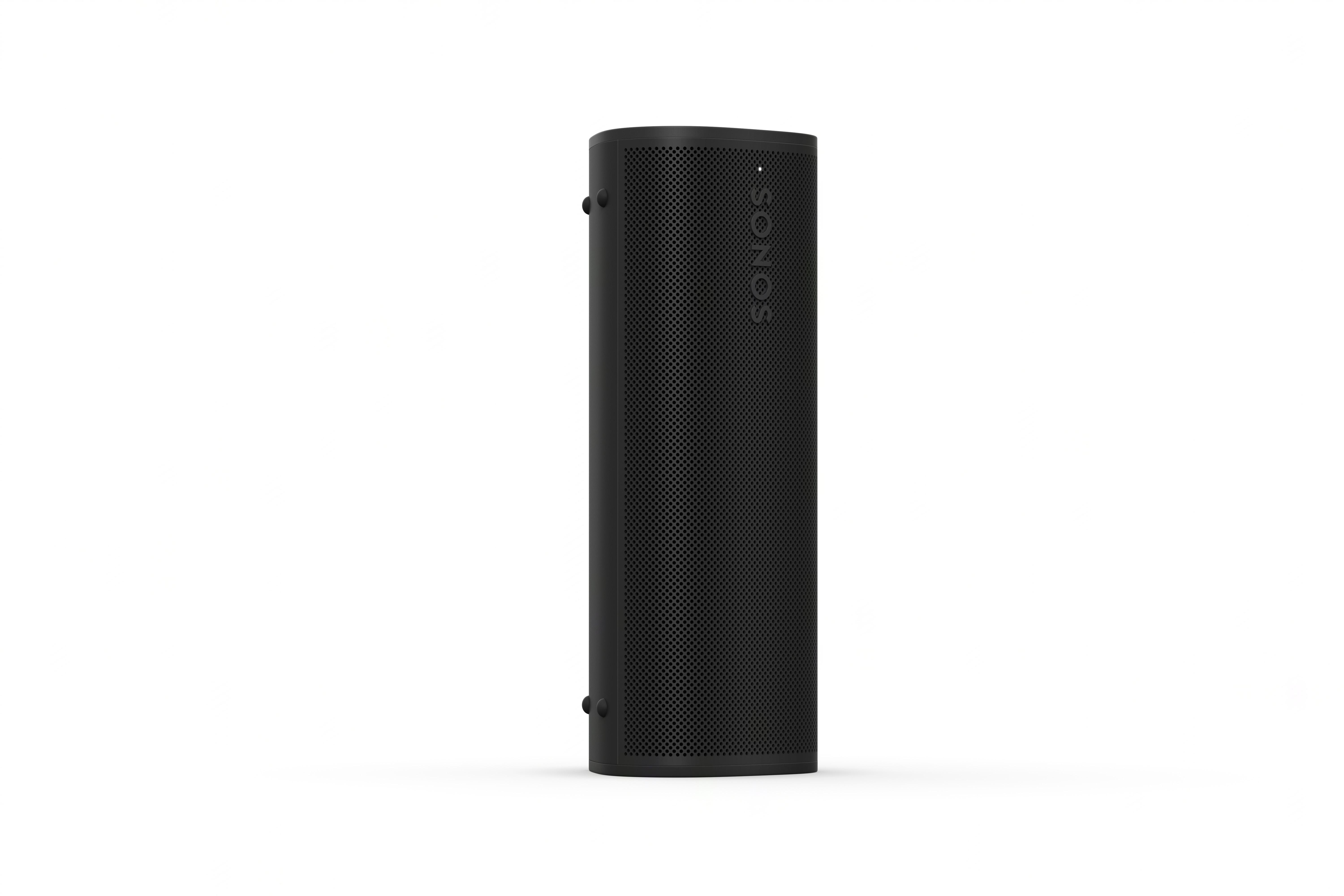 Schwarzer zylindrischer Sonos-Lautsprecher auf weißem Hintergrund. Mesh-Oberfläche. Kleine erhöhte Bedienelemente.