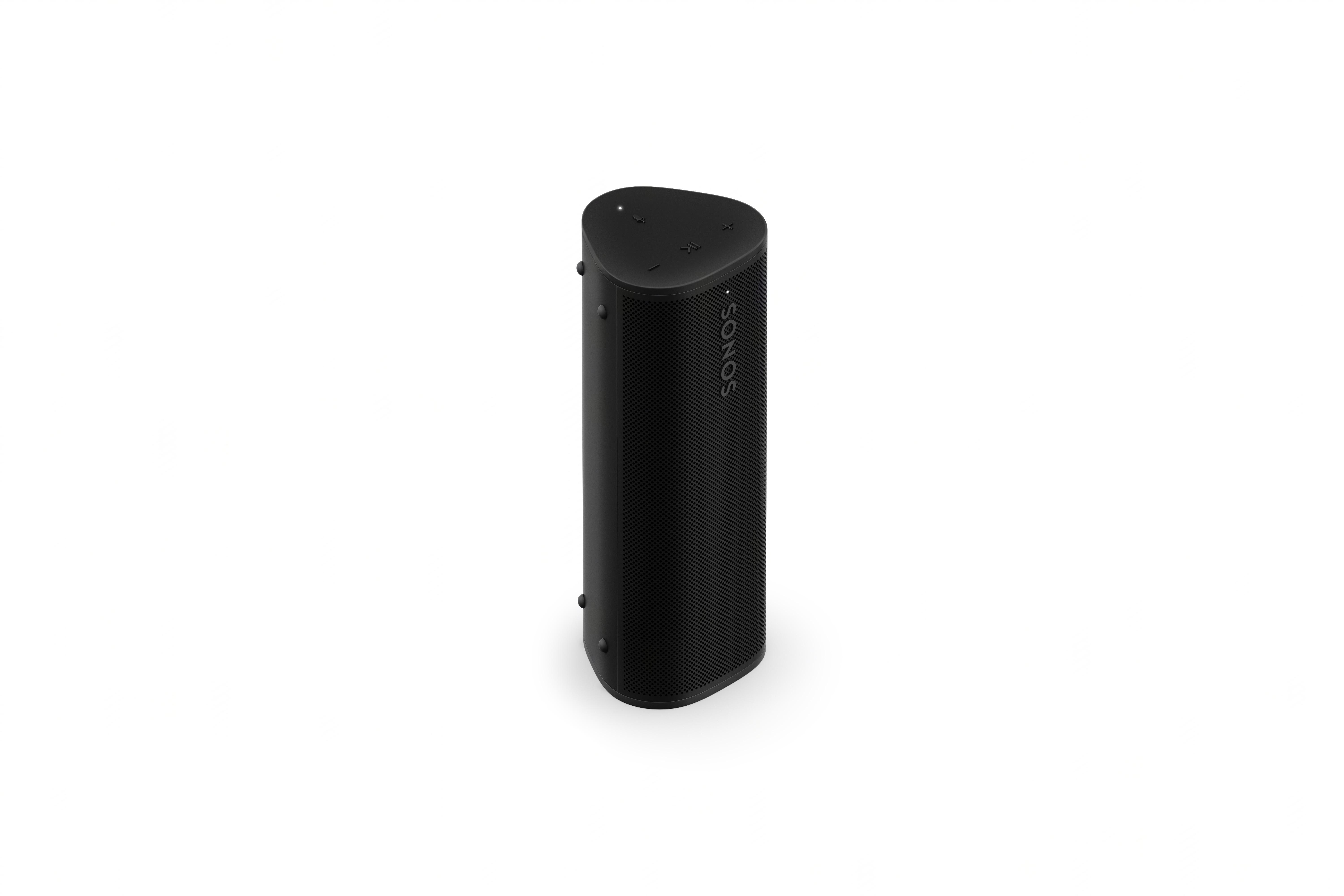 Ein schwarzer zylindrischer Sonos-Lautsprecher auf weißem Hintergrund.