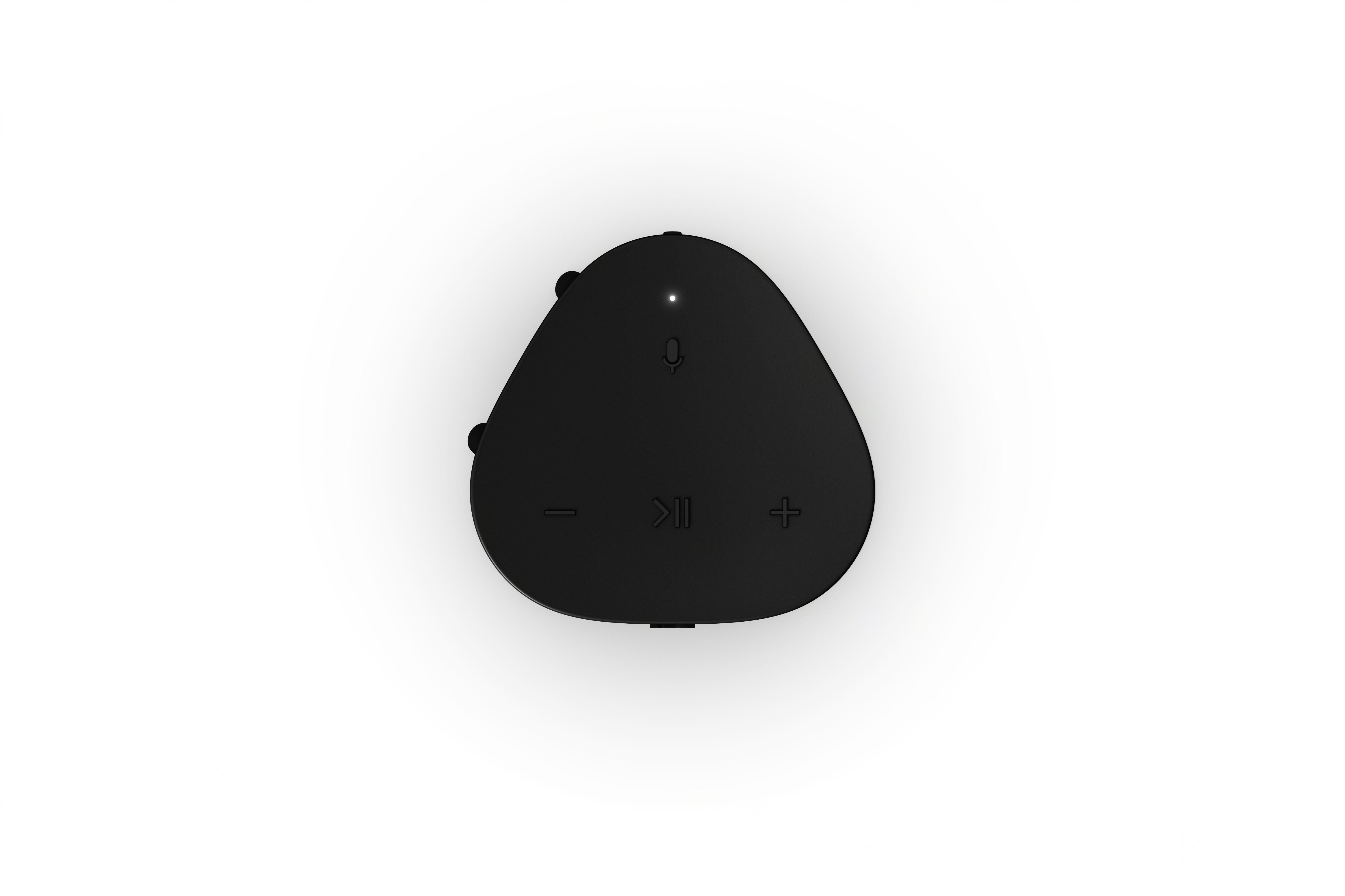 Schwarze Sonos-Lautsprechersteuerung mit Play/Pause, Lautstärketasten und Mikrofonsymbol.