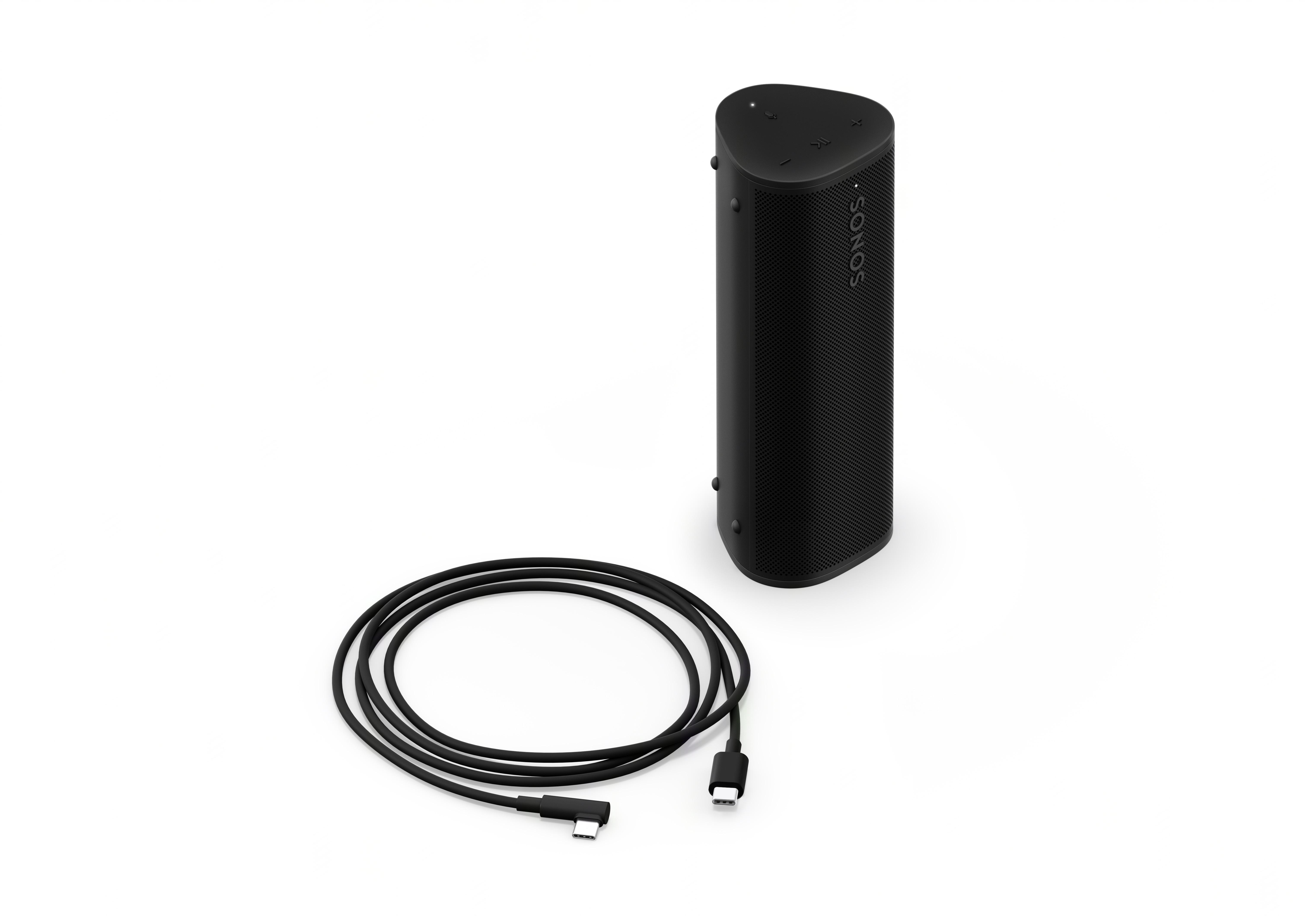 Schwarzer Sonos-Lautsprecher und ein Kabel auf weißem Hintergrund, Draufsicht.