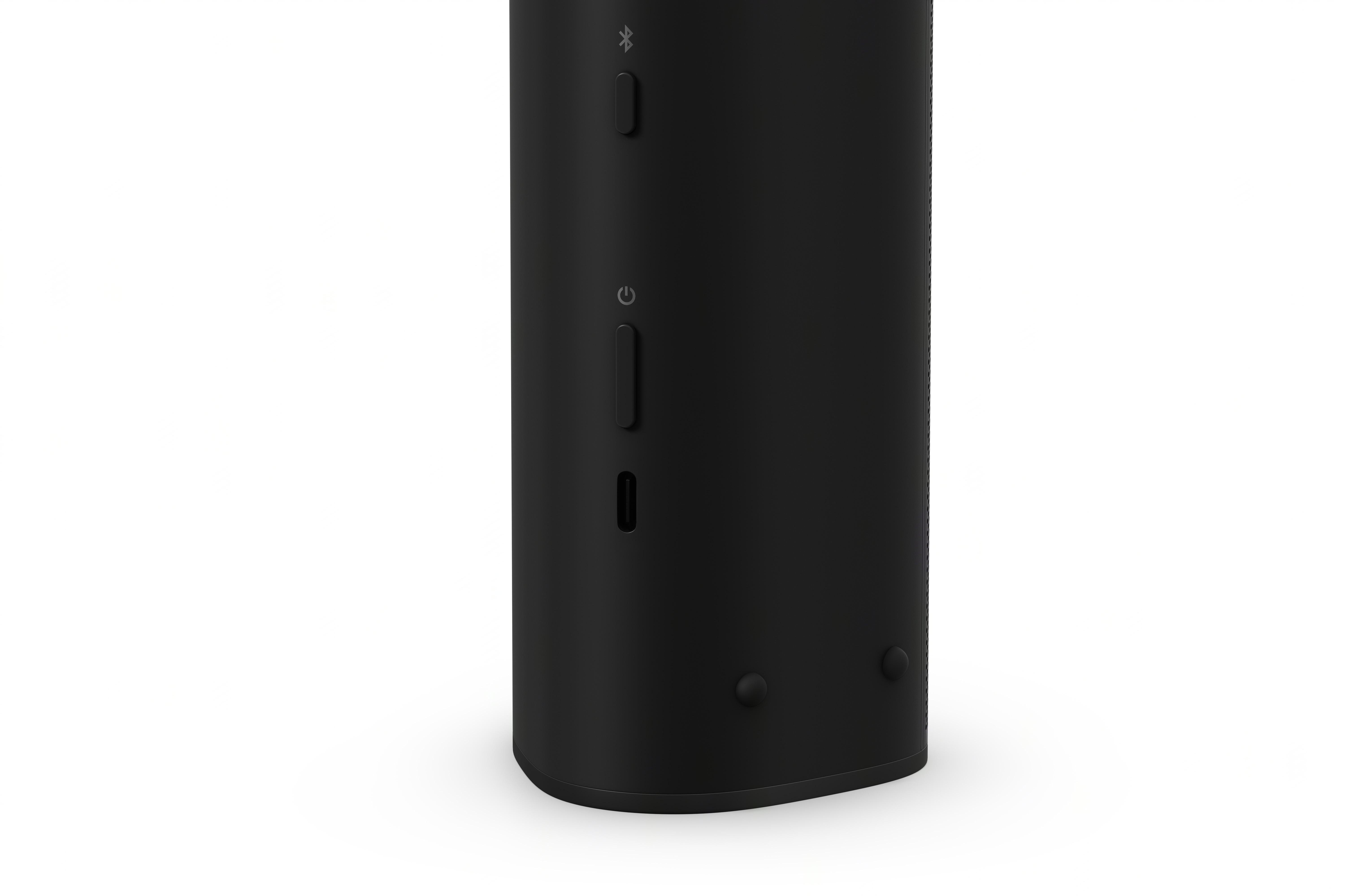 Ein schwarzer zylindrischer Lautsprecher mit Power- und Bluetooth-Tasten.
