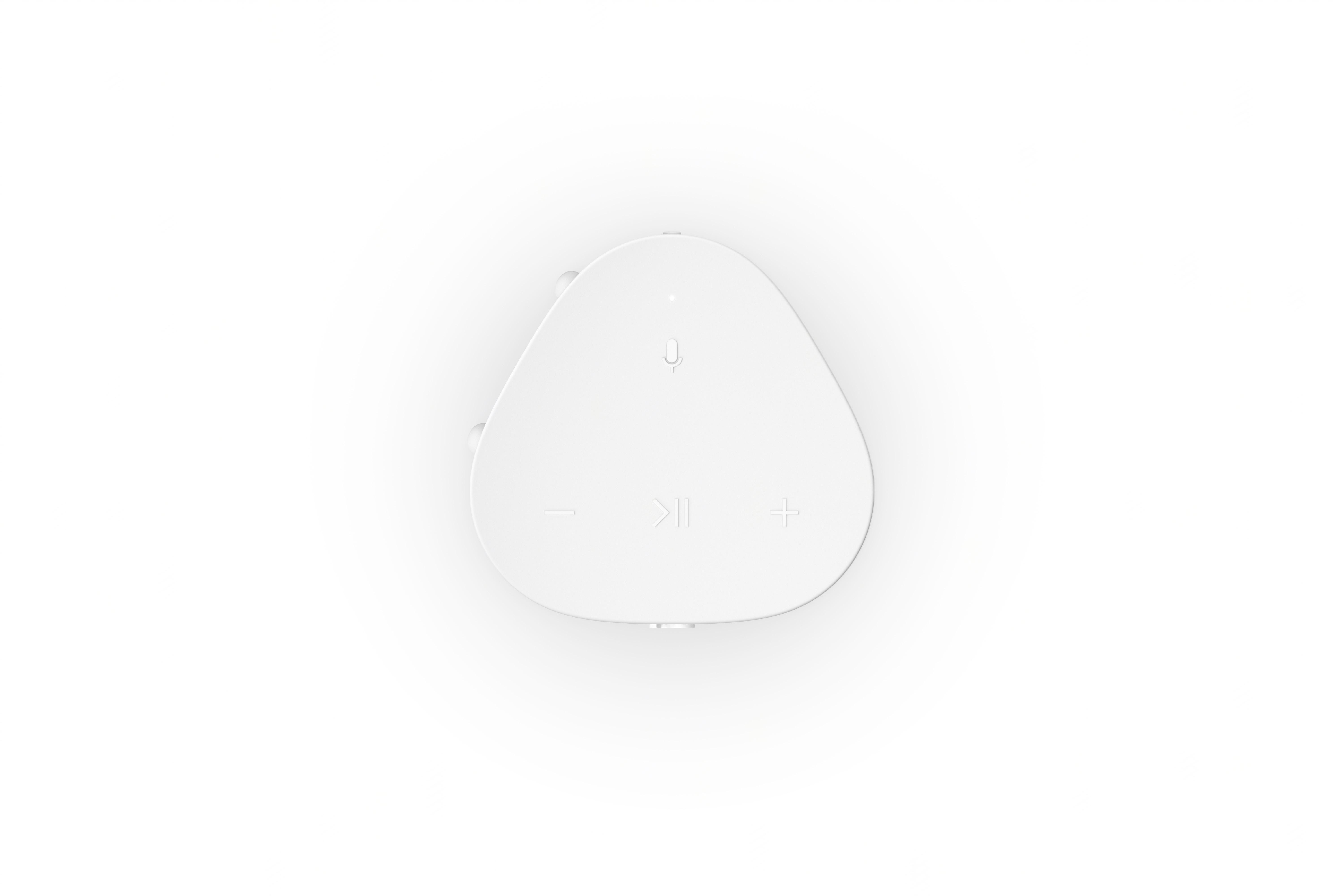 Ein weißer Lautsprecher mit Dreiecksform, mit Wiedergabe/Pause- und Lautstärkereglern.