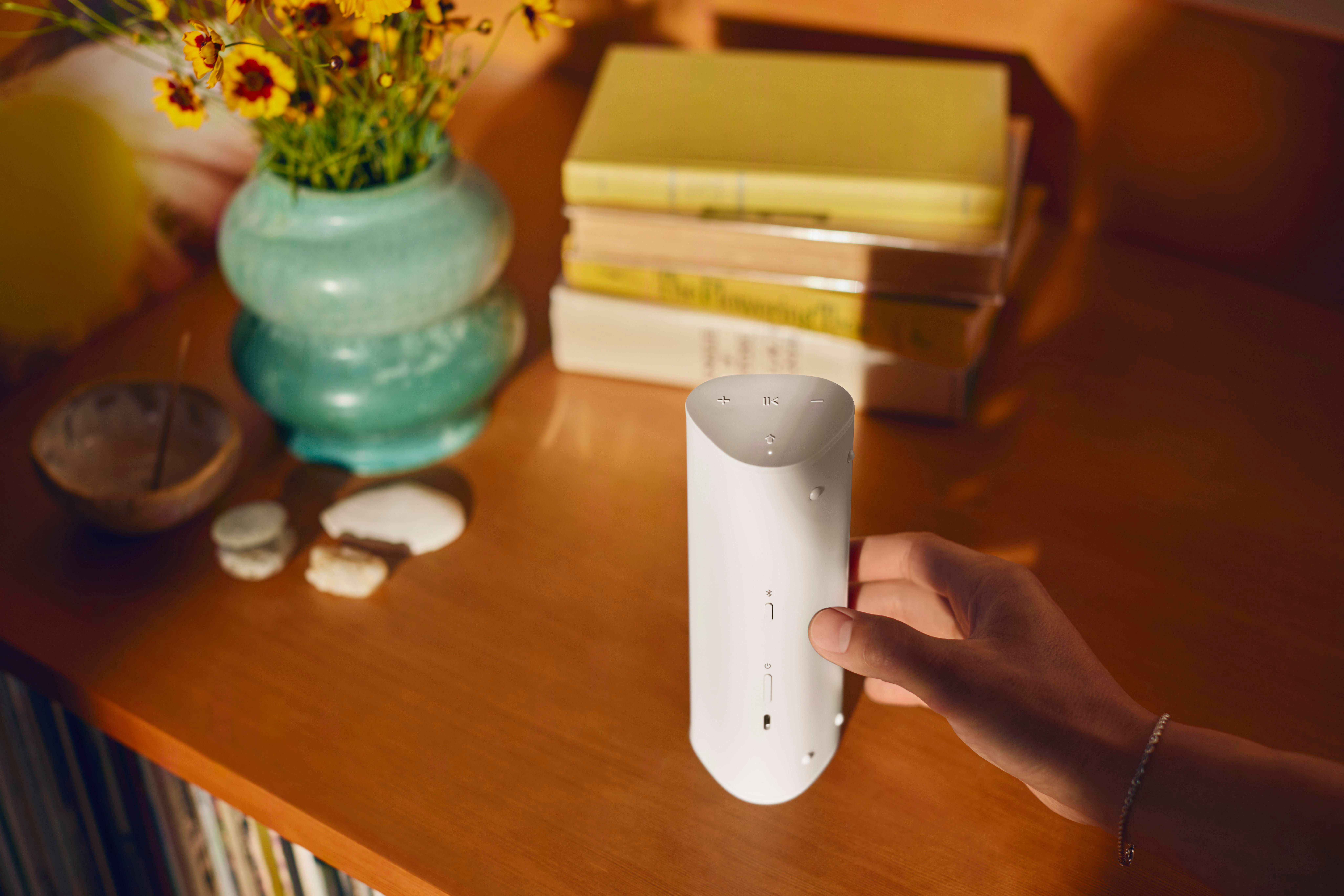 Eine Person hält einen weißen Lautsprecher. Im Hintergrund befinden sich eine Vase mit Blumen und Bücher auf einem Regal.