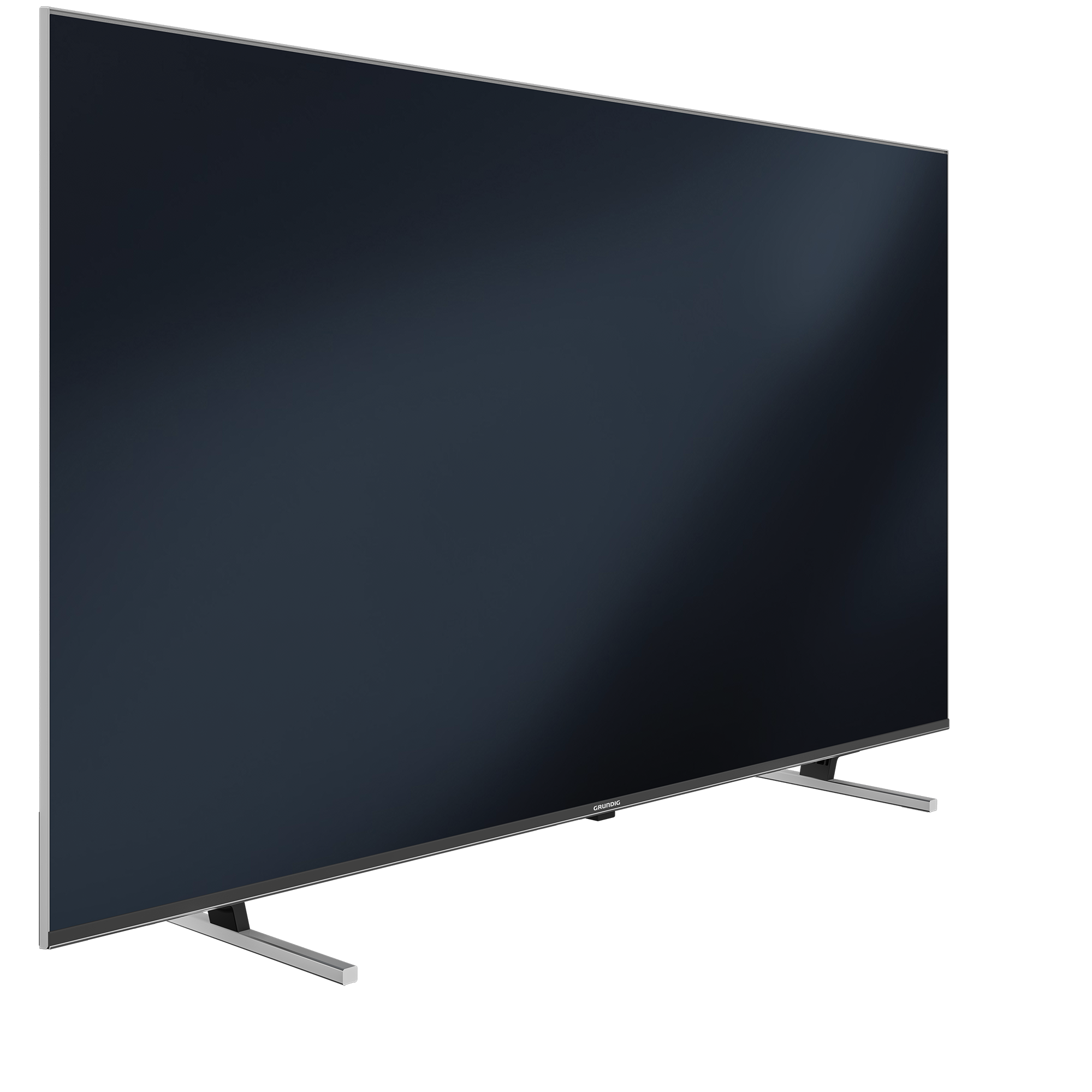Siyah, ince, modern TV ekranı, sola açılı, gümüş bacaklı, siyah arka planda.