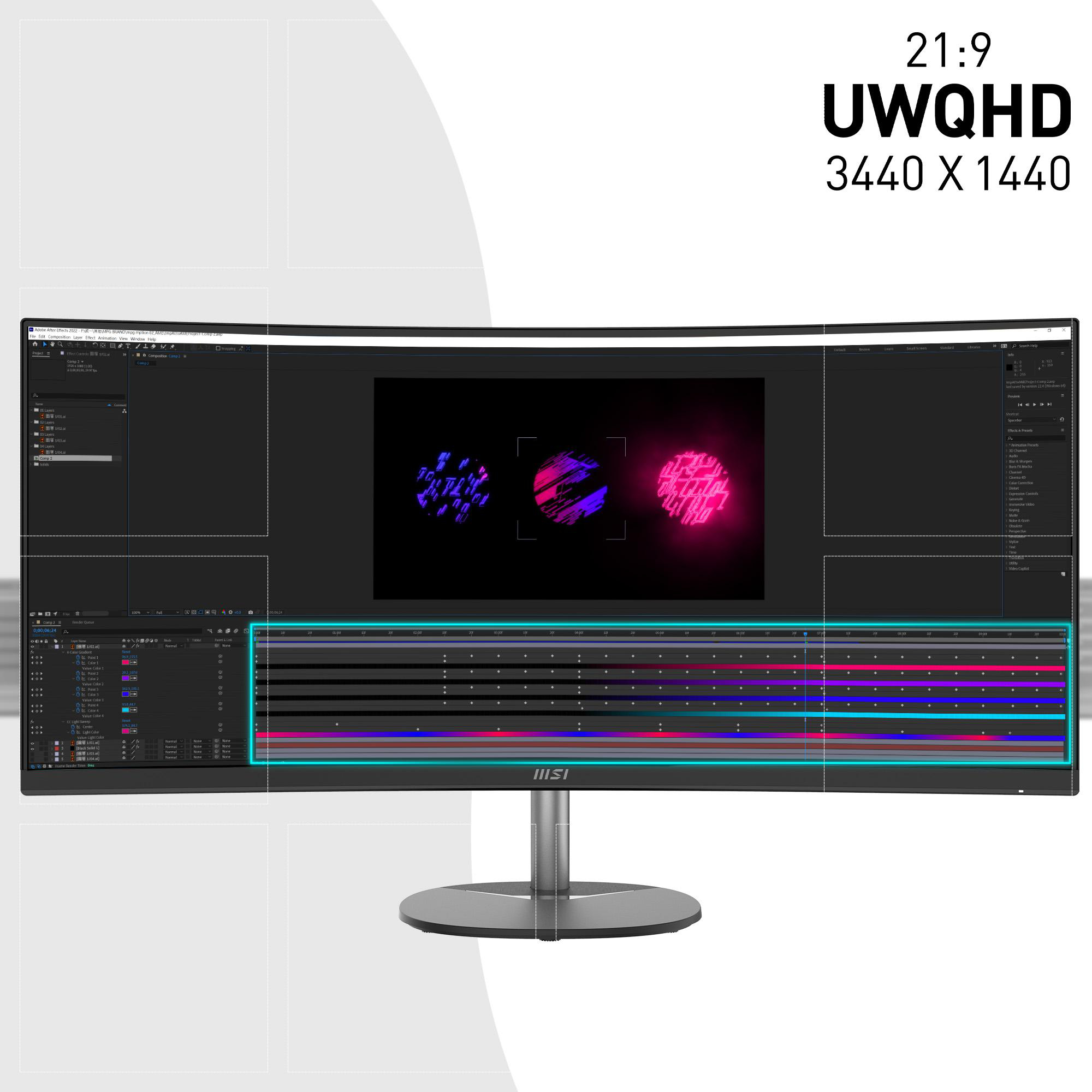 Gebogener Ultraweitbildschirm mit Video-Editing-Oberfläche und Text-Overlay.