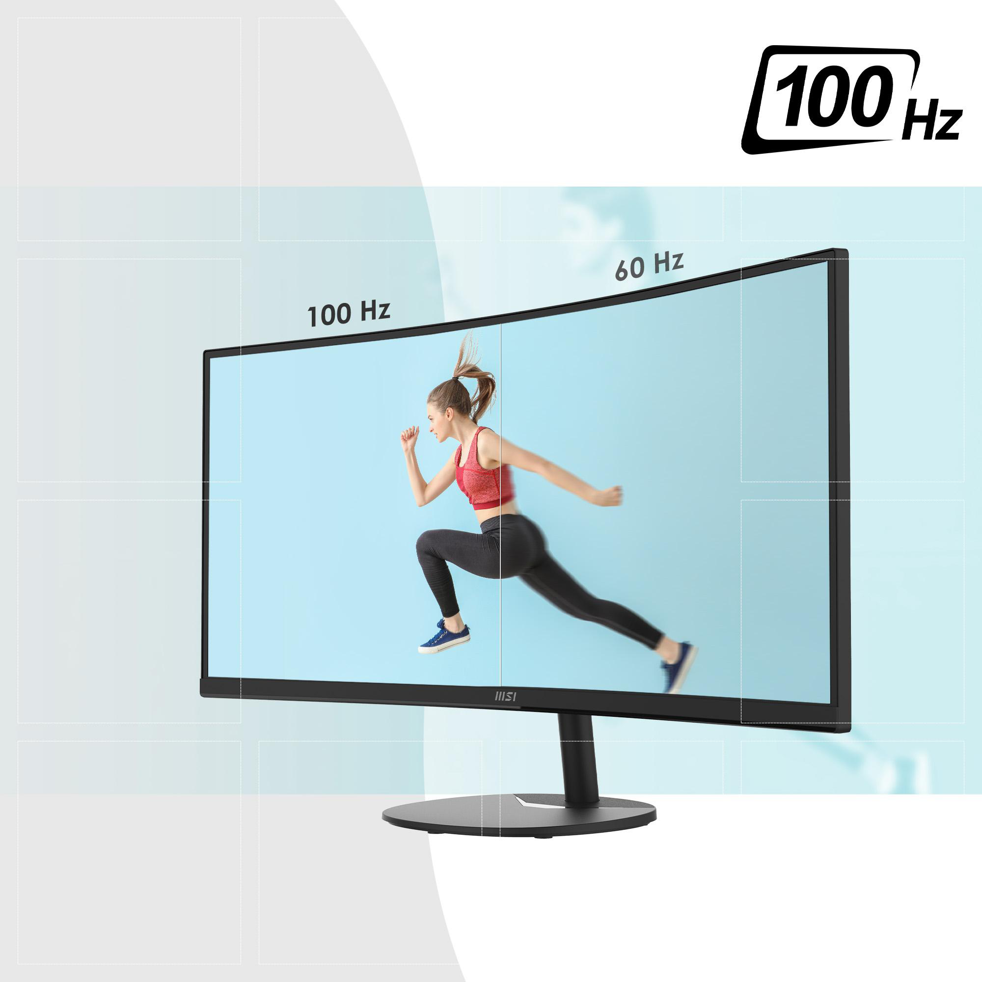 Frau, die auf einem Monitor läuft, mit 100Hz- und 60Hz-Vergleichsbeschriftungen.