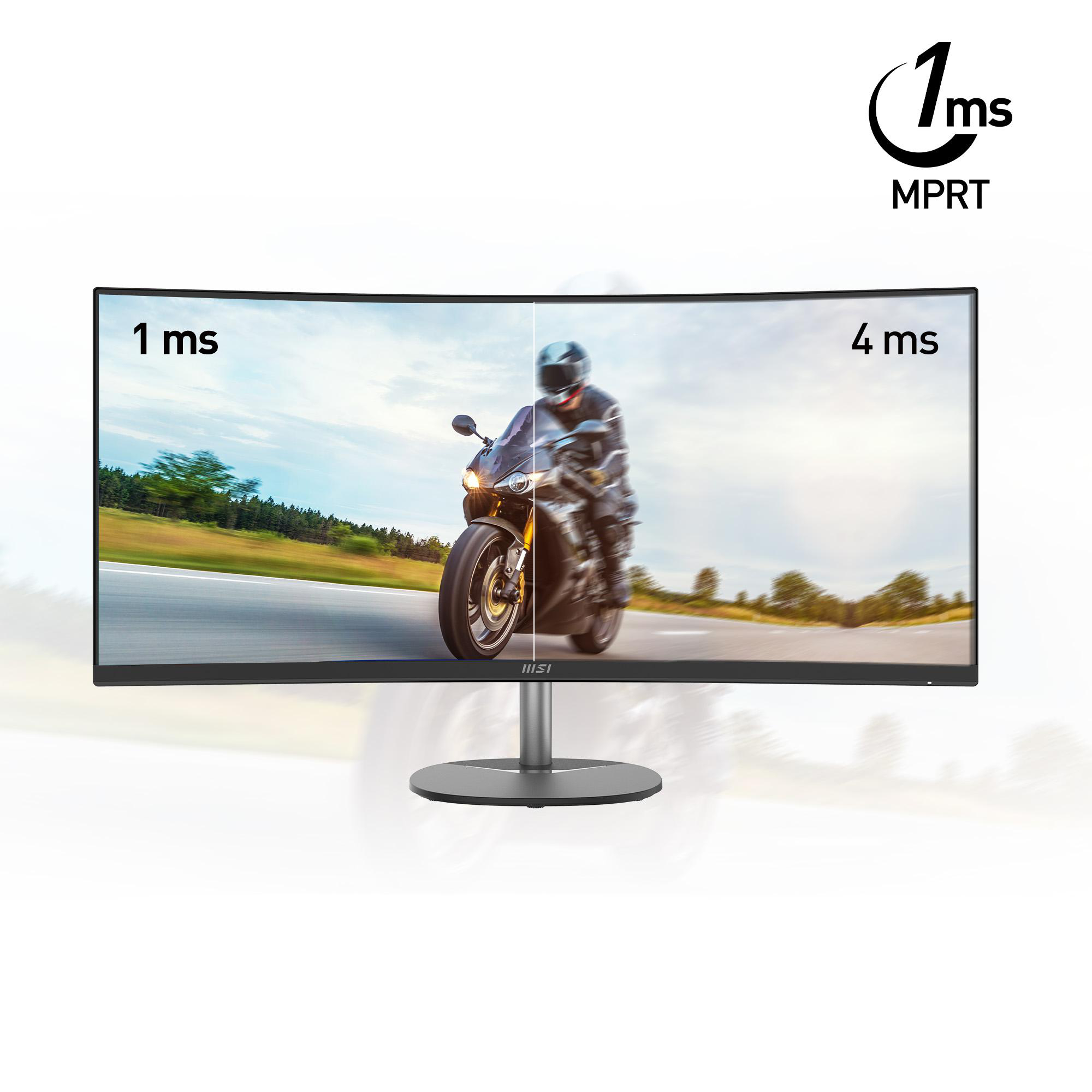 Gebogener Monitor zeigt Motorradrennen. Links 1ms, rechts 4ms.