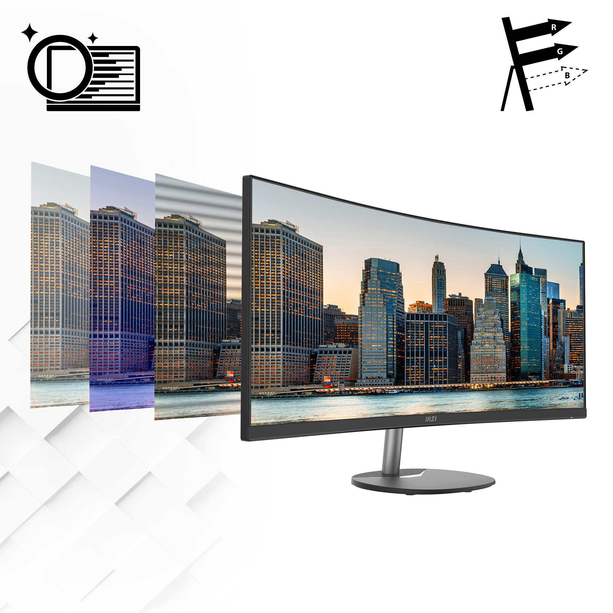 Gebogener Computermonitor mit Stadtszene und Symbolen. Weißer Hintergrund.