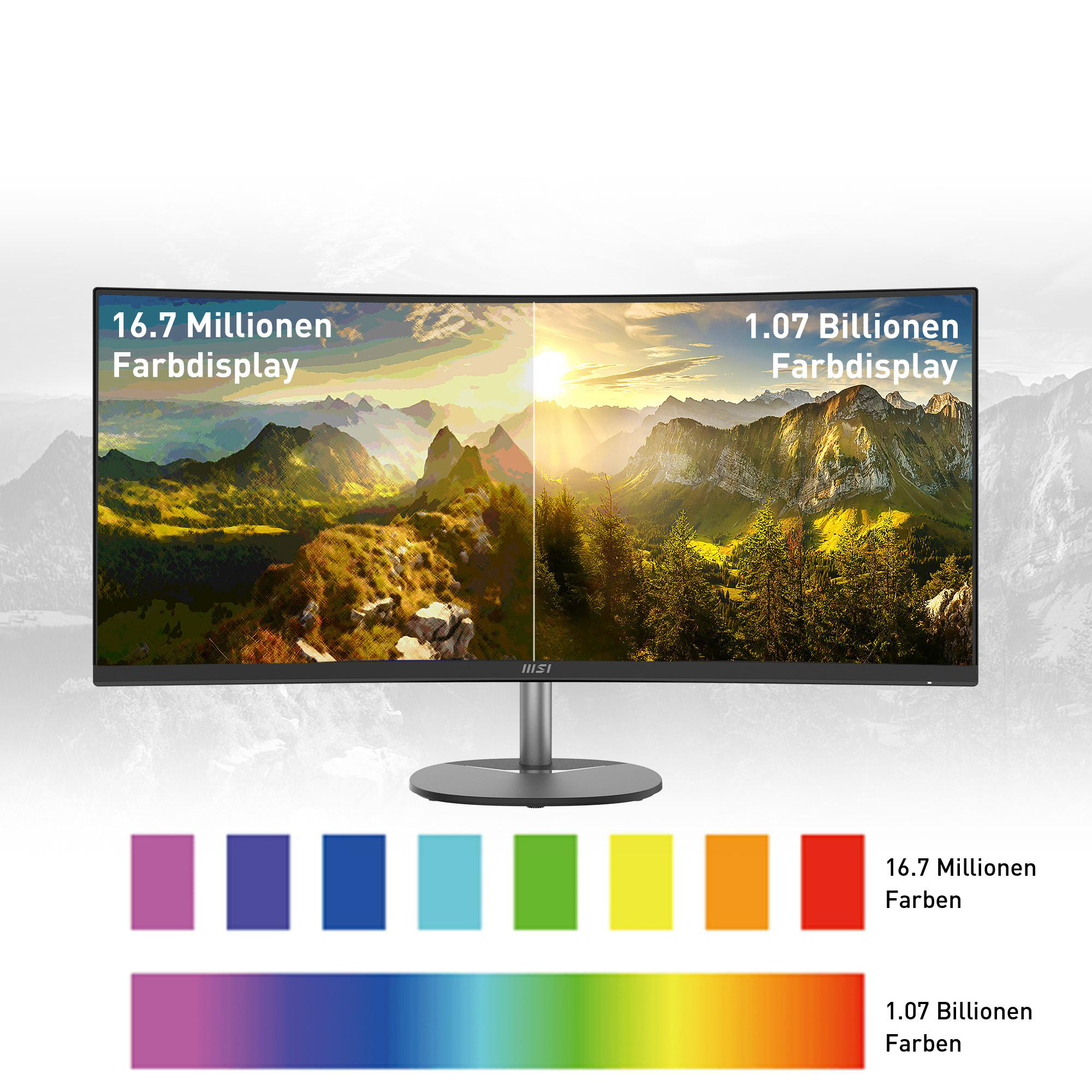 Gebogener Monitor mit 16,7 Mio. und 1,07 Mrd. Farben, darunter ein Farbspektrum.