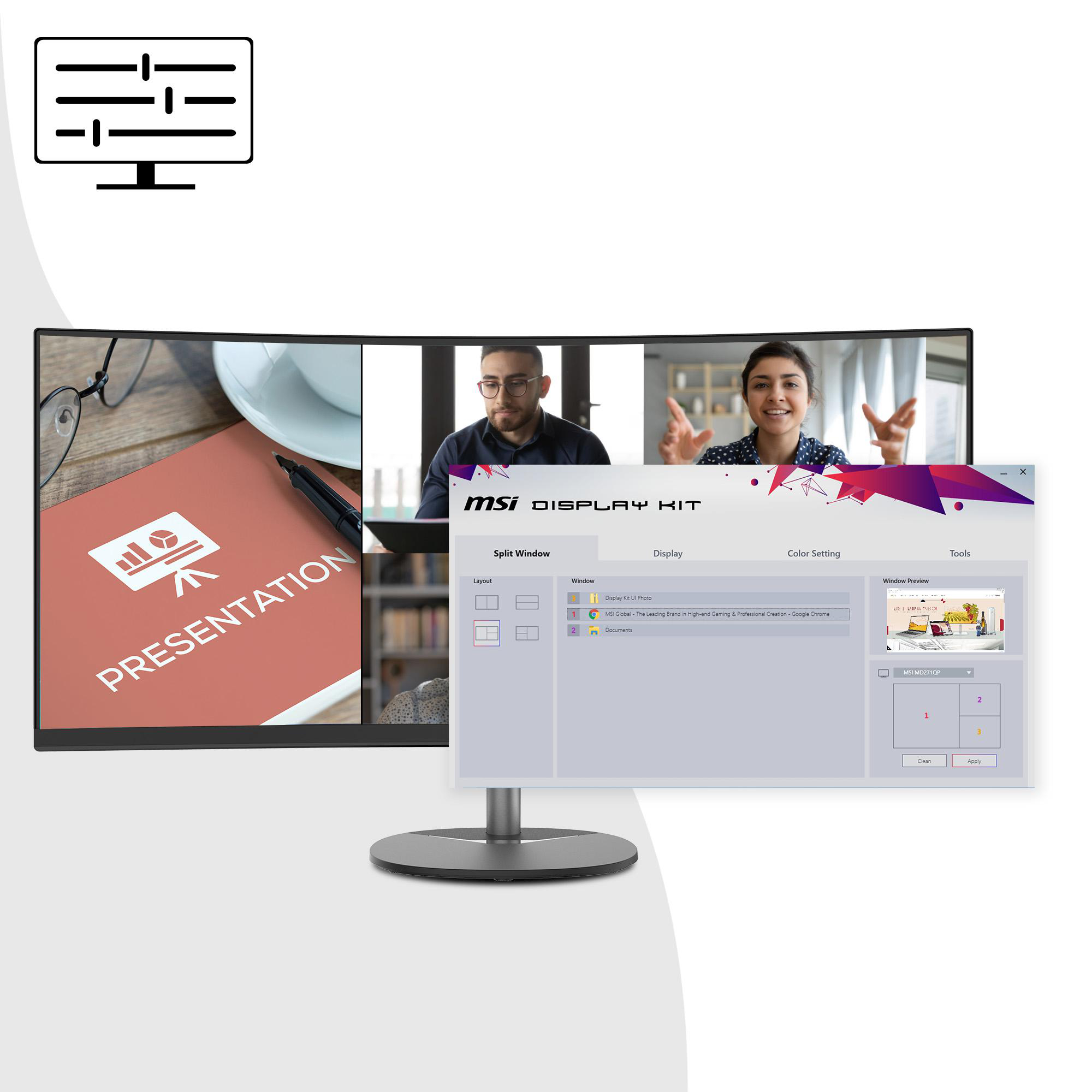 Ein großer Monitor, der eine Präsentation und Videoanrufe mit einer Softwareoberfläche zeigt.