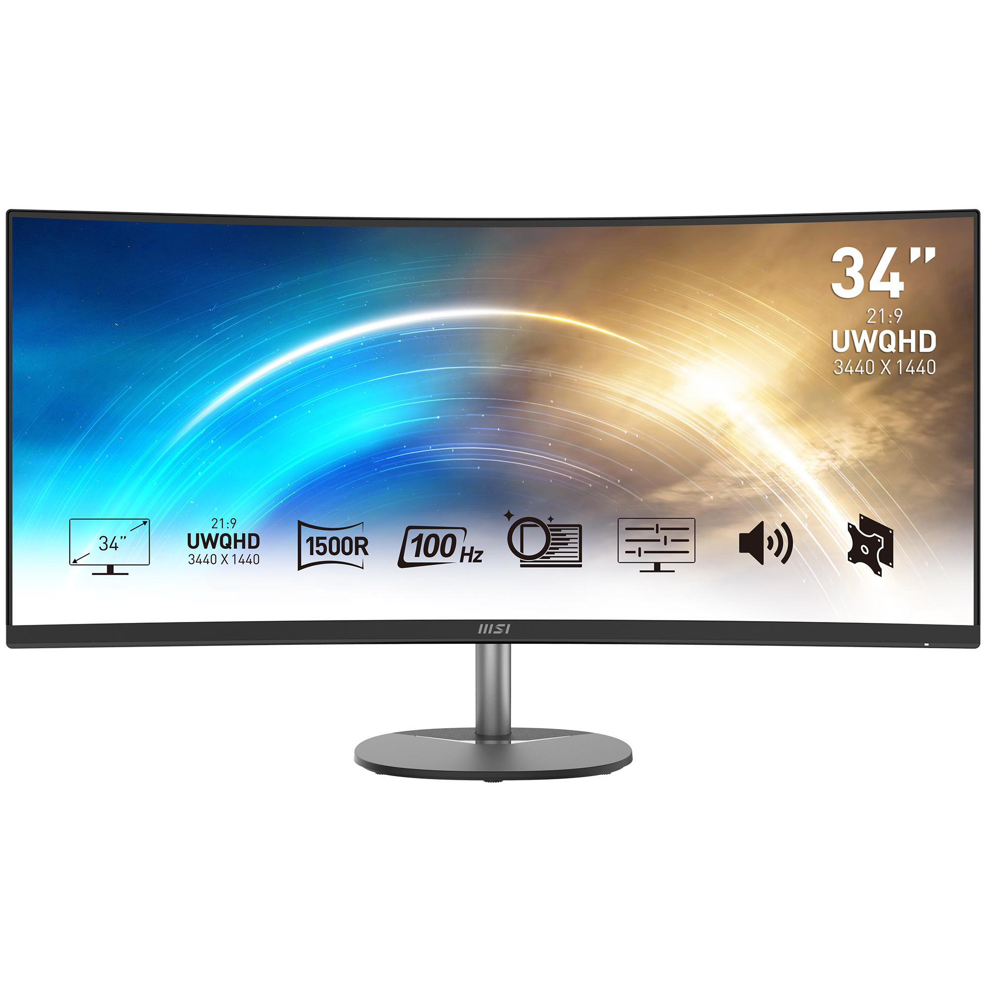 Ein gebogener, schwarzer Computermonitor mit silbernem Ständer, weißer Hintergrund.