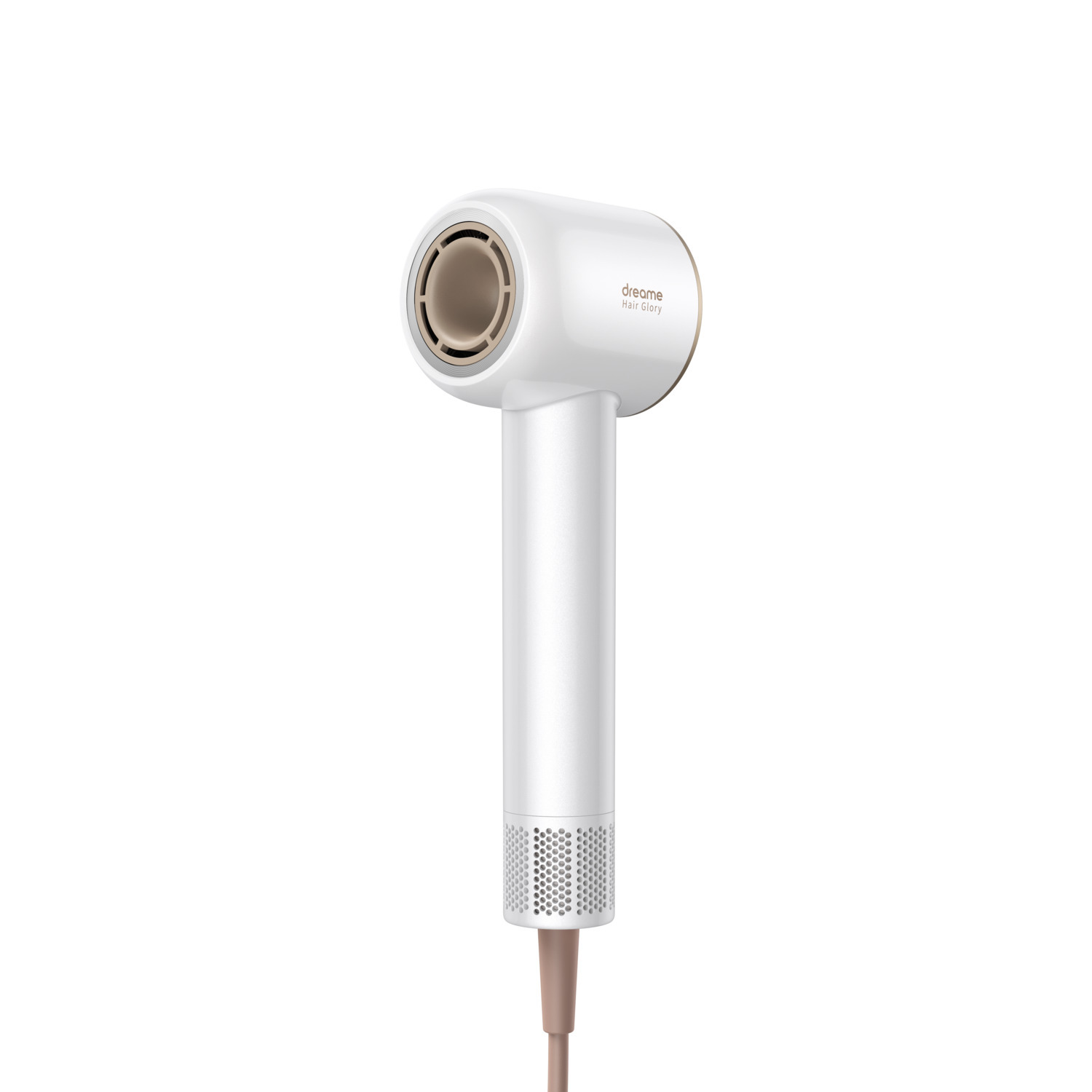 A white hair dryer with a brown nozzle and cord, the brand name 'dreame Hair Glory' is on the side, against a white background.