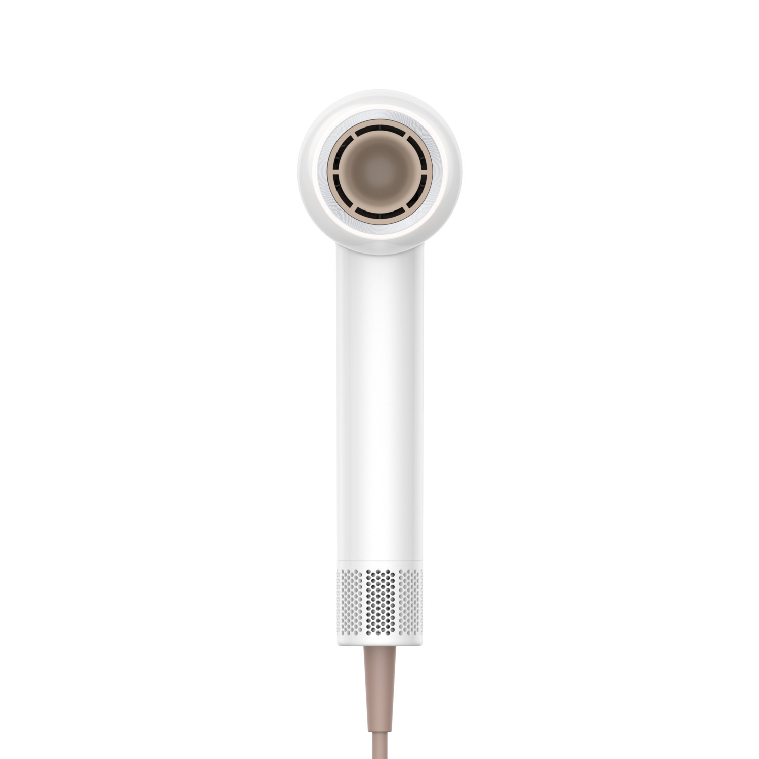 A white and gold hair dryer is centered against a white background. The dryer has a long handle and a round head.