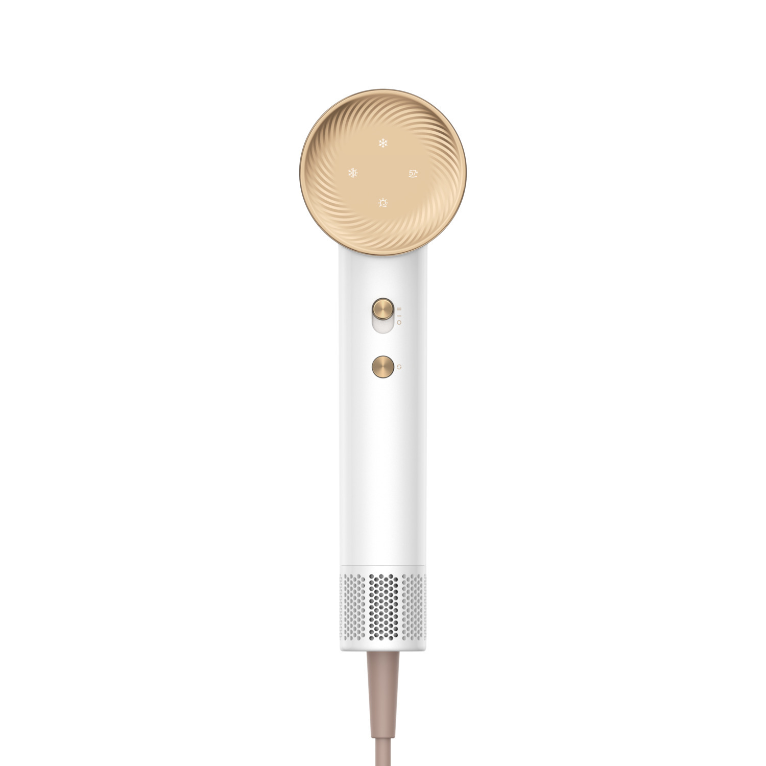 A white and gold hair dryer is shown on a white background. The dryer has a round head with fan and snowflake symbols.