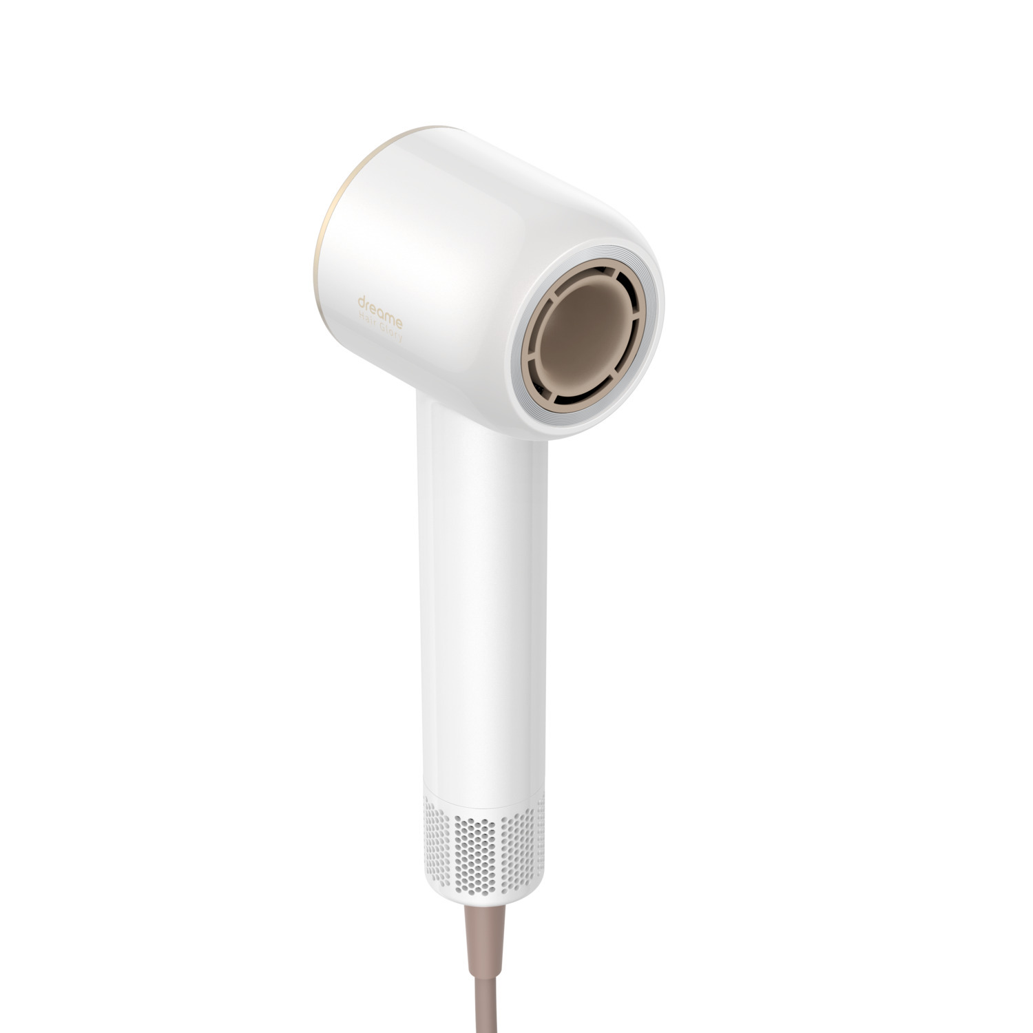 A white and gold Dreame Hair Glory hair dryer. It has a long handle and a circular head. A cord extends from the handle.