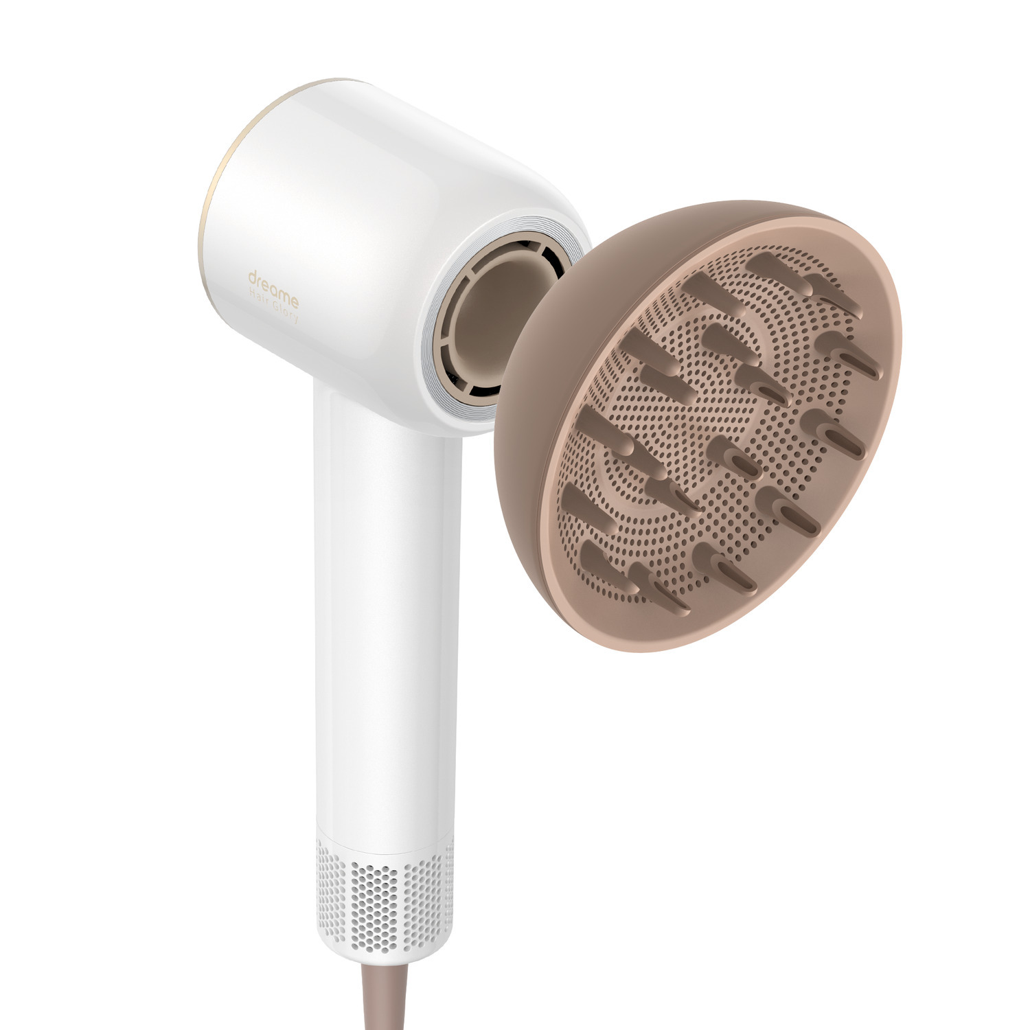 A white and beige hair dryer with a diffuser attachment. The dryer is on a white background.