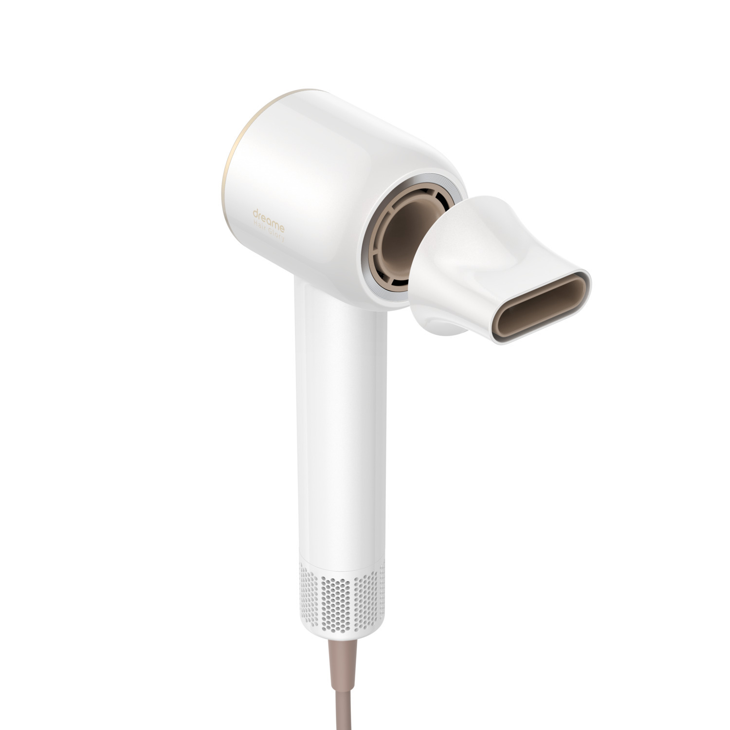 White and gold hair dryer on a white background. The dryer's nozzle is detached. A brown cord is attached.