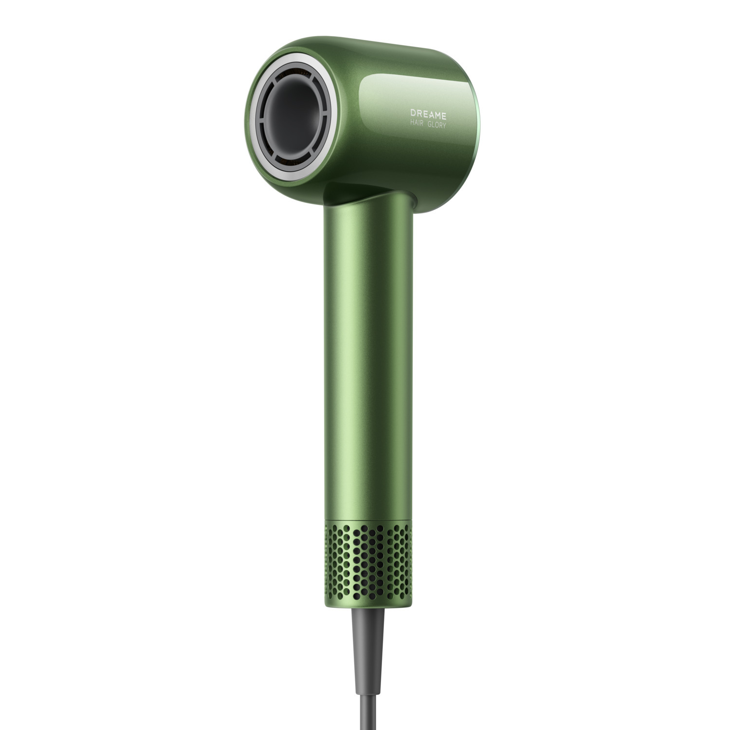 Een groene föhn wordt getoond. Het heeft een ronde kop met een ventilator, een lange handgreep en een snoer. De merknaam is zichtbaar.
