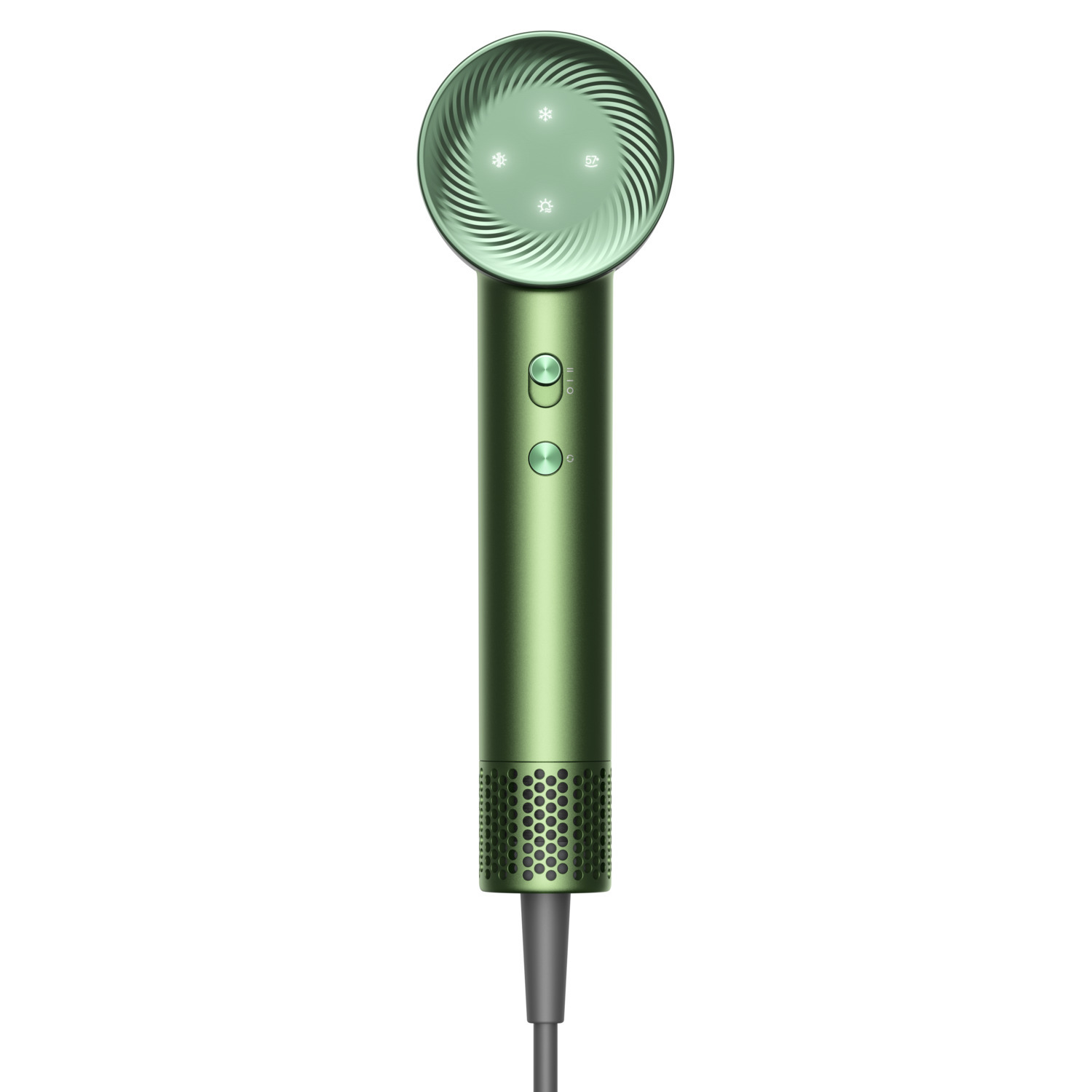 Groene haardroger met een ronde kop en een lange handgreep. Hij heeft twee knoppen en een grijze kabel. De kop heeft een spiraalvormig ontwerp.