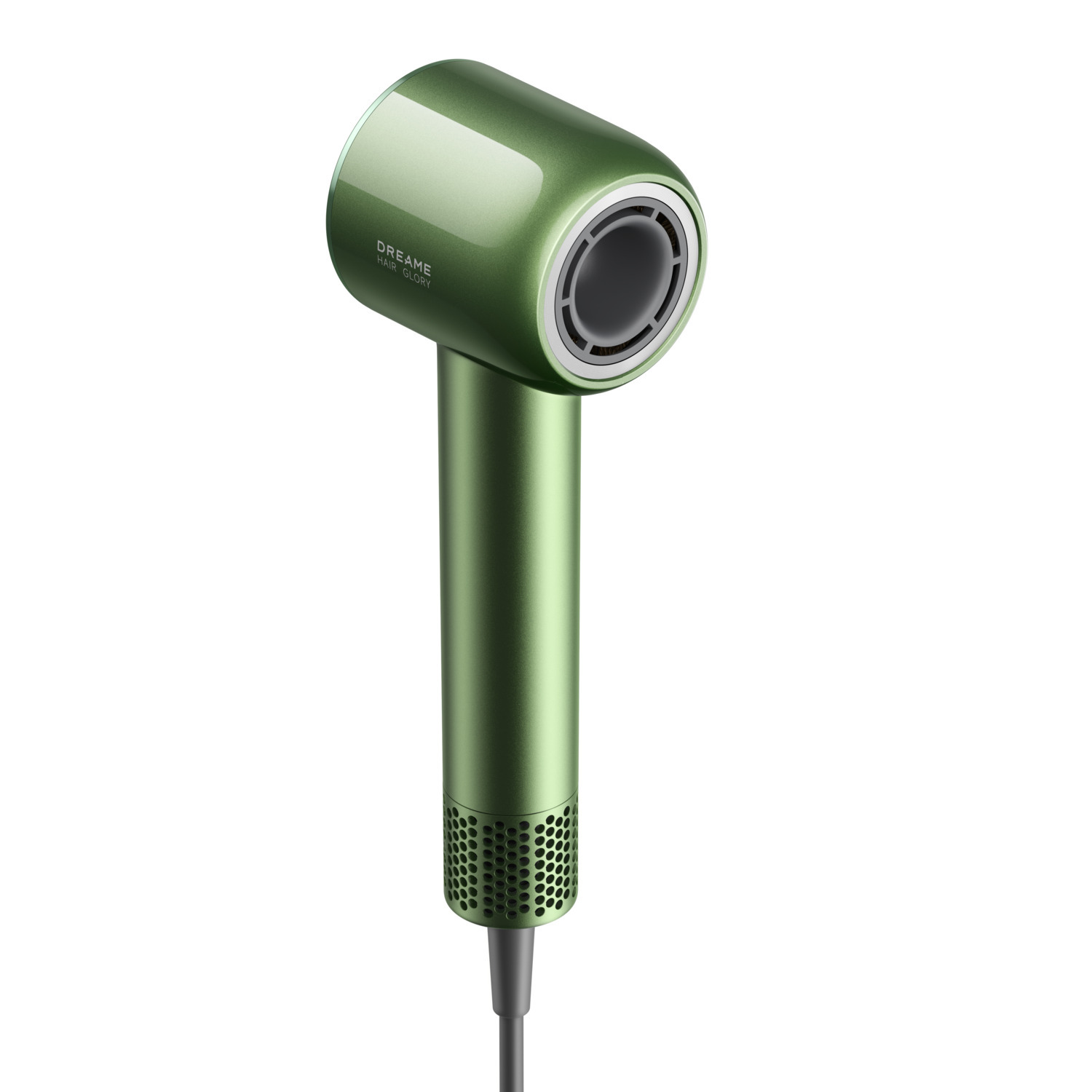 Groene haardroger met de tekst 'DREAME HAIR GLORY'. Het heeft een handvat, een mondstuk en een netsnoer. Geïsoleerd op wit.