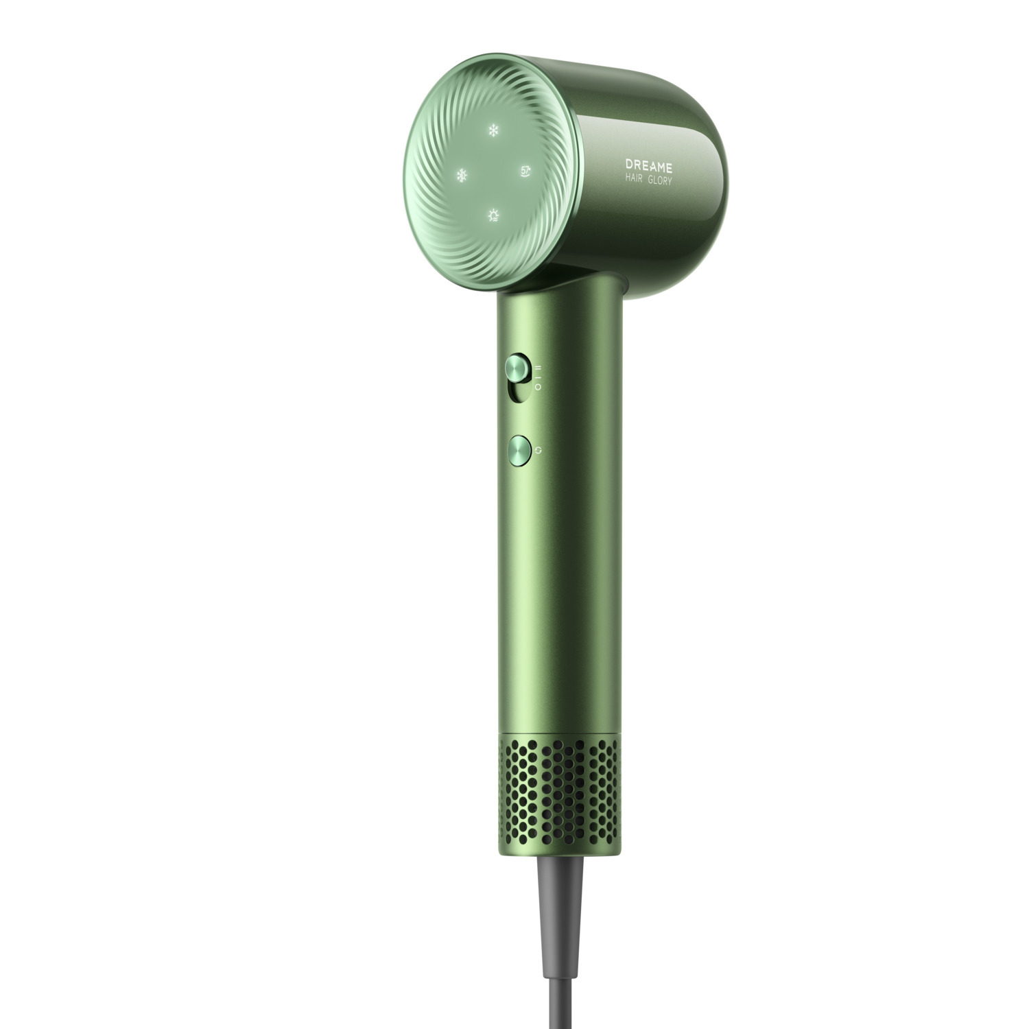 Een groene haardroger. Het heeft een ronde kop met ventilatieopeningen en bedieningsknoppen op de handgreep. De merknaam is zichtbaar.
