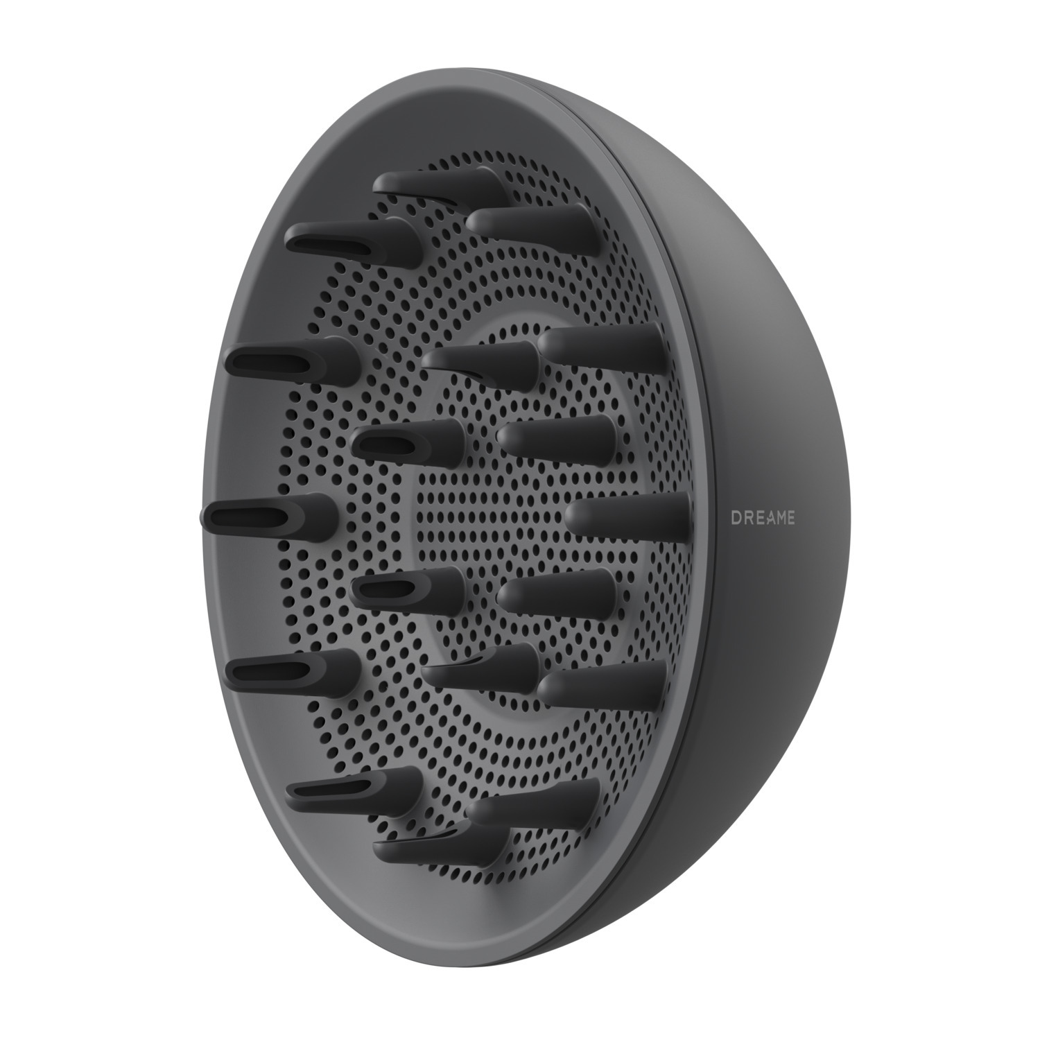 Grijze haardroger diffuser met zwarte nozzles en een geperforeerd oppervlak, het merk DREAME is zichtbaar.