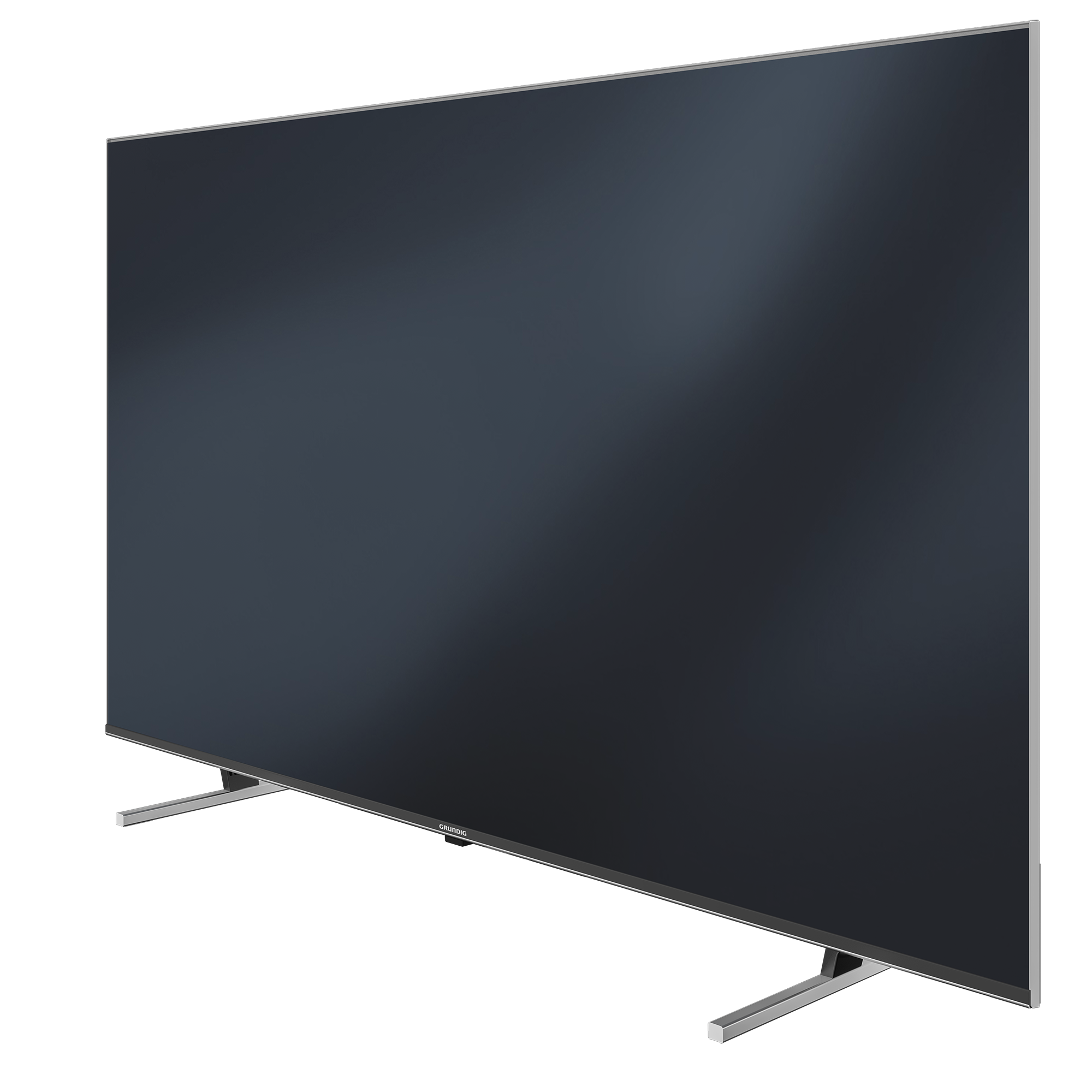 Gümüş çerçeveli büyük siyah bir TV ekranı, siyah bir arka plana karşı.