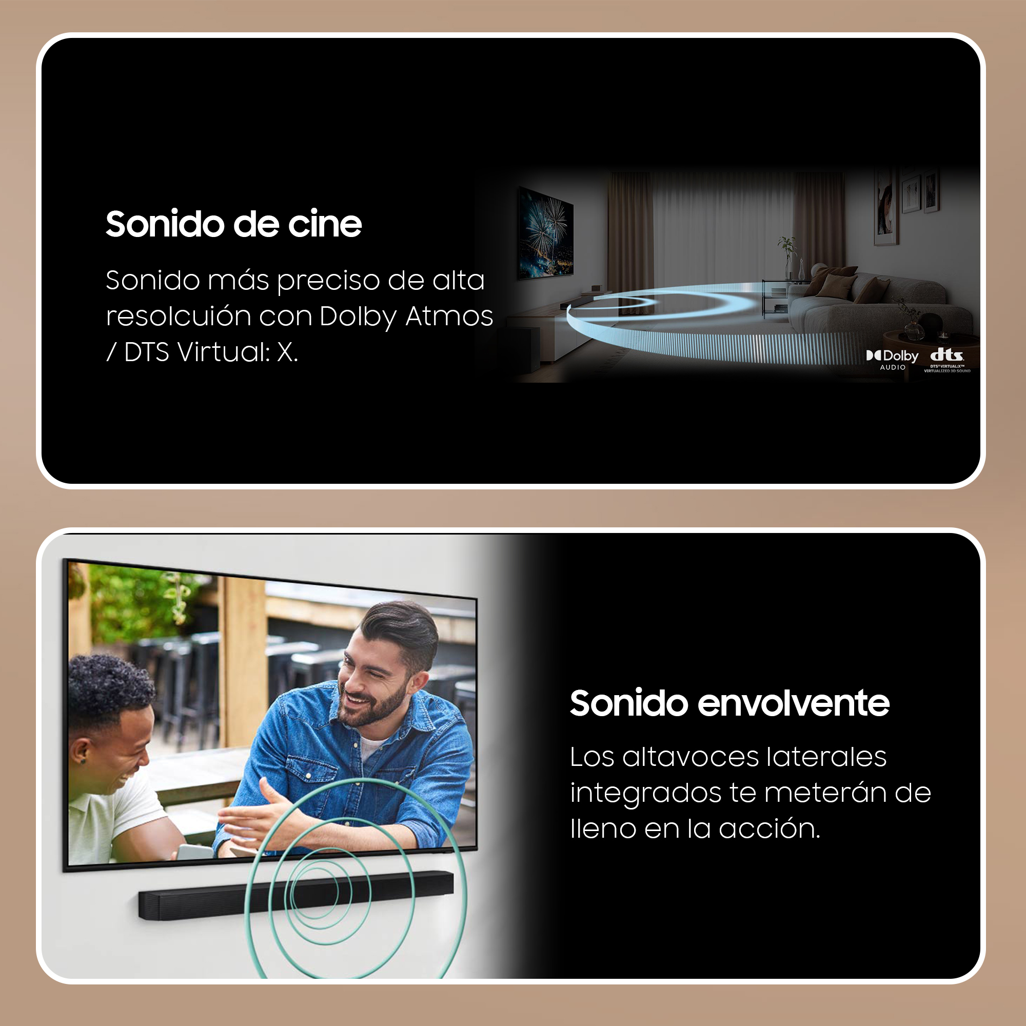 Dos imágenes que describen las funciones de sonido de un televisor. Hombres viendo la tele.