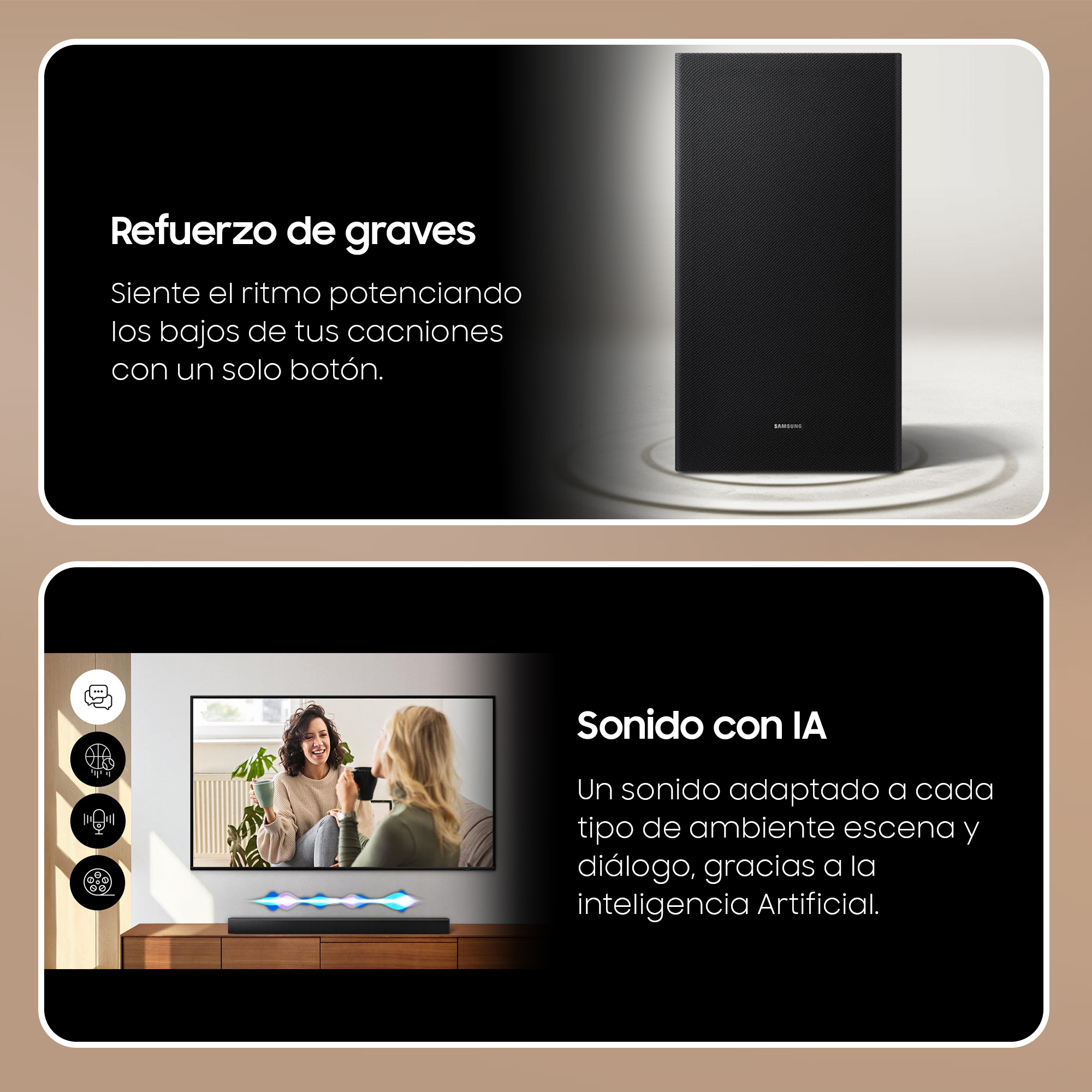 Imagen promocional con texto sobre una barra de sonido y un televisor. Uno muestra una barra de sonido, el otro un televisor.