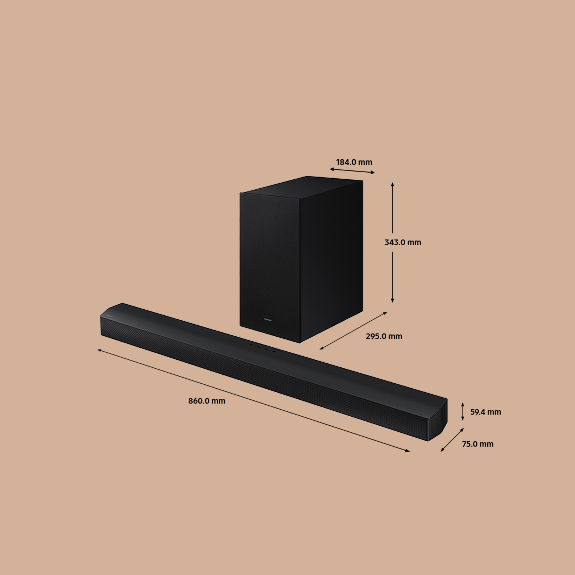 Barra de sonido negra con subwoofer negro. Se muestran las dimensiones.