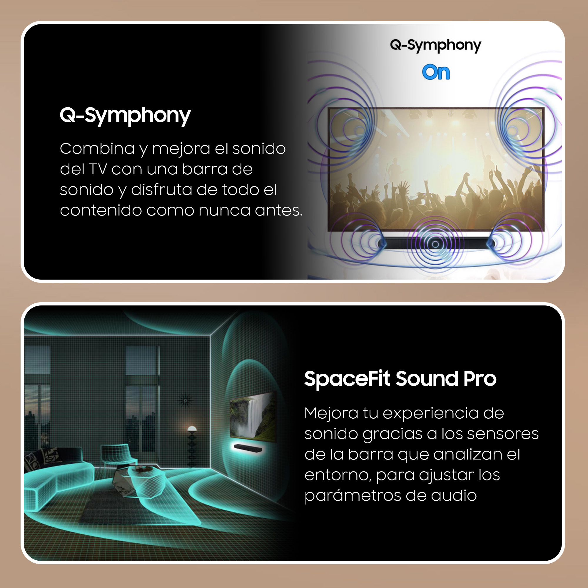 Una imagen que muestra las funciones Q-Symphony y SpaceFit Sound Pro.