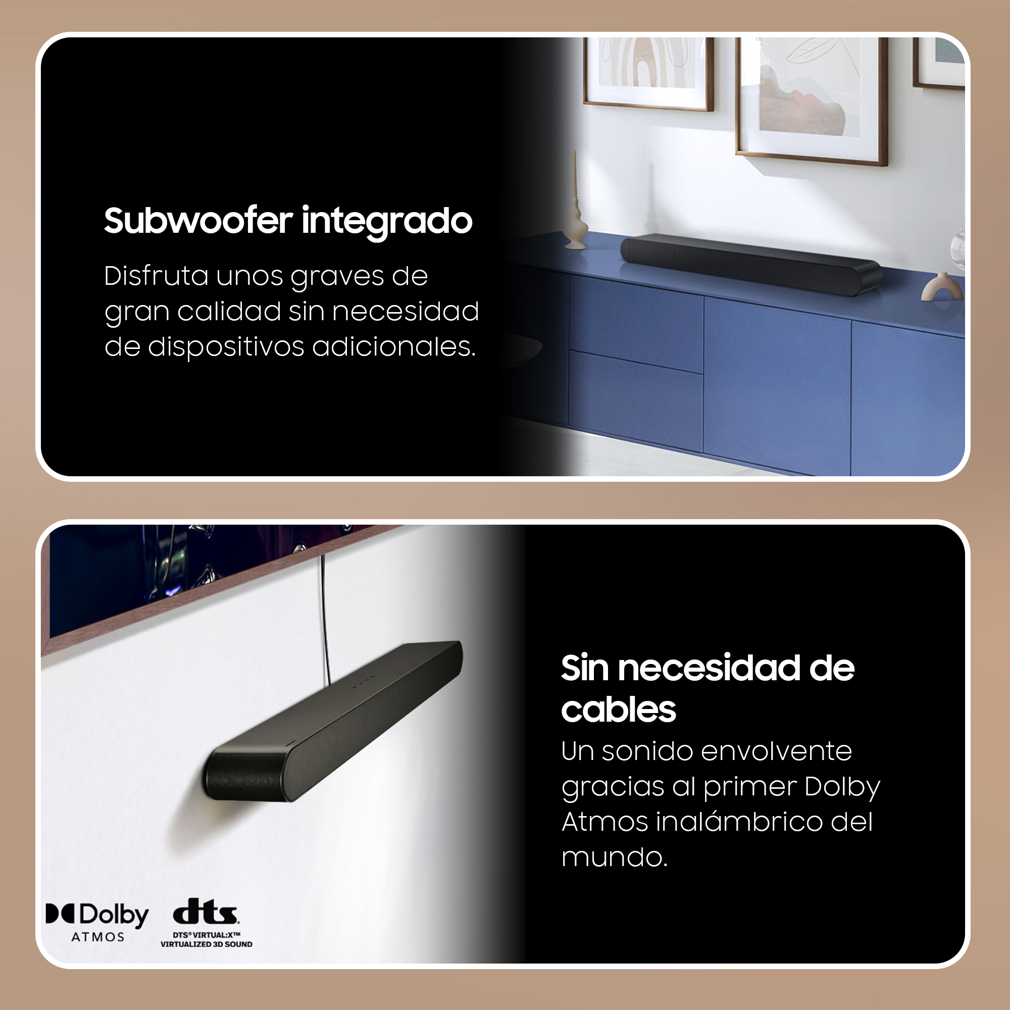 Barra de sonido negra montada en la pared, con texto sobre Dolby Atmos y DTS.