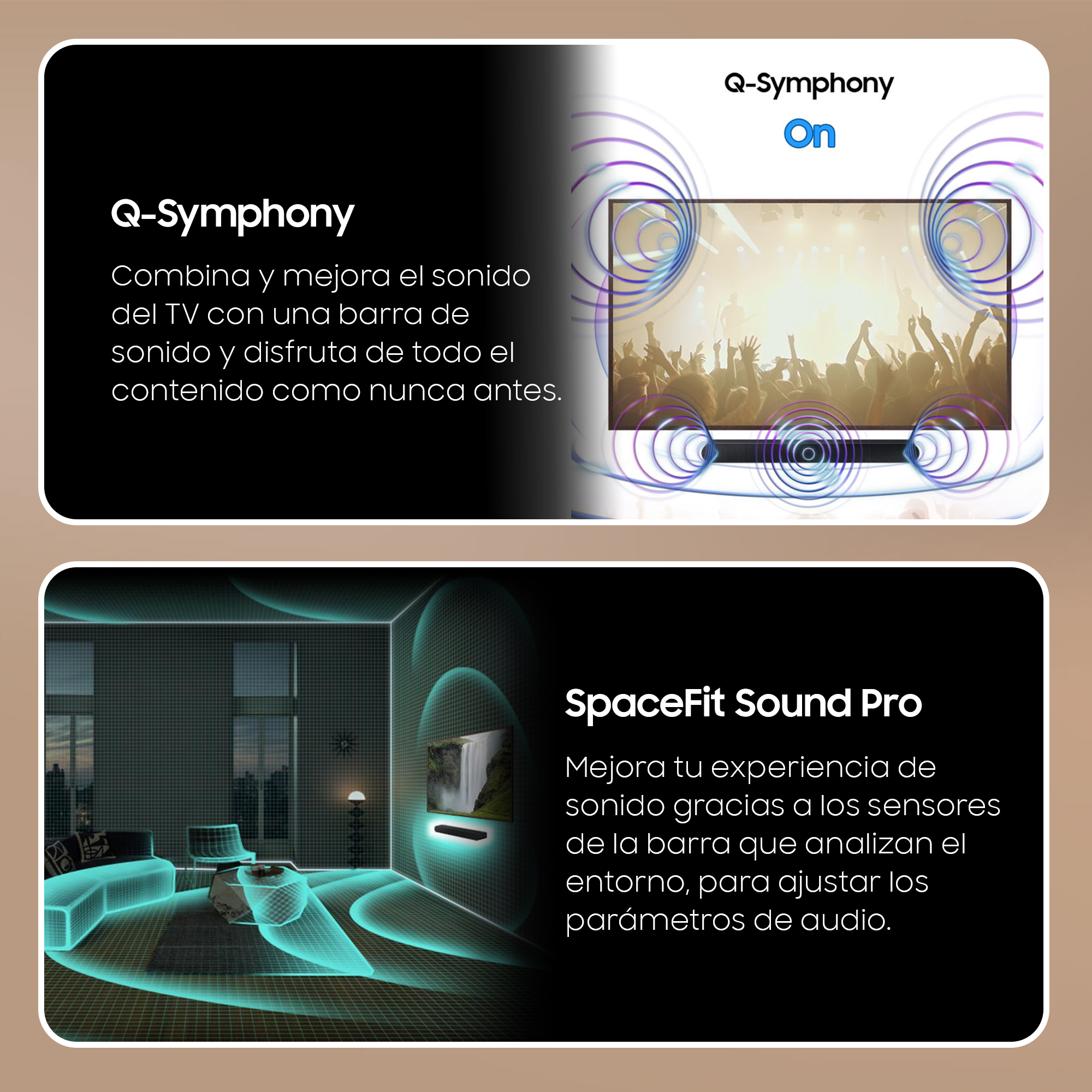 Dos imágenes que muestran las funciones Q-Symphony y SpaceFit Sound Pro en un televisor. El televisor está en una pared blanca.