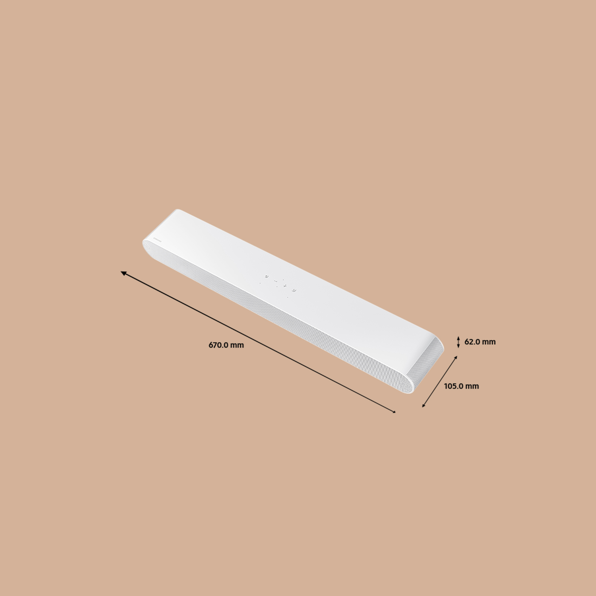 Barra de sonido blanca con dimensiones mostradas, colocada contra un fondo marrón.